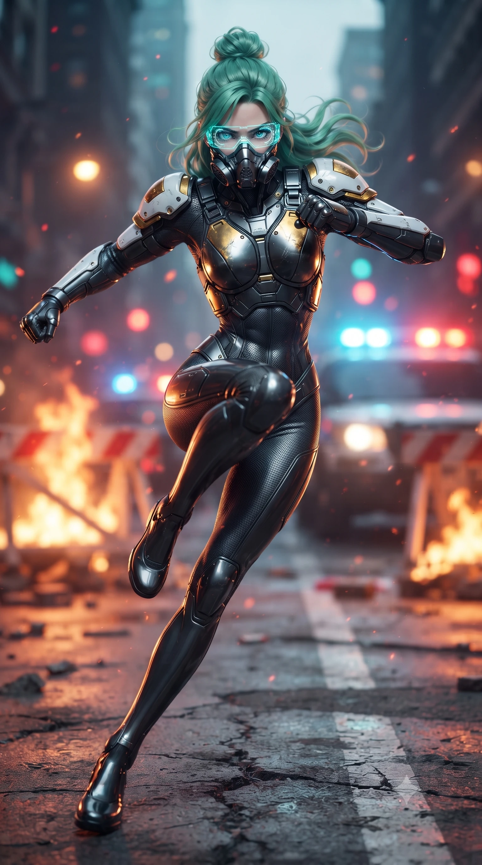 score_9, masterpiece, best quality, ultra-detailed, high-budget anime keyframe, editorial fashion photography, tasteful artistic composition, Japanese woman. low angle full-body shot from head to toe showing her feet, filling the entire 9:16 vertical frame with her statuesque presence, stretching her vertical silhouette. pivoting dynamically in a high-speed low sweep kick along the cracked concrete, her athletic torso and ultra-slim waist twisting in a fluid arc of power while charging forward through a burning street barricade as holographic tactical goggles cast glowing cyan reticles across her brow. The composition keeps background elements in soft focus with creamy bokeh. blazing barricade fires and flashing police barricade strobe lights blurred into dazzling crimson, amber, and electric cyan bokeh. She has an absolutely perfect, statuesque 8.5-heads proportion, an exceptionally tall and slender model-like female figure with impossibly long slender legs, a toned flat midriff, and an ultra-slim waist. sharp v-shaped jawline, high-bridge nose, intricate jewel-like eyes with depth, thick eyelashes, glossy lips with a natural sheen, fierce and resolute heroine expression, flawlessly proportioned anatomical accuracy, strict slender model proportions, natural body alignment, perfectly sculpted long slender limbs, ultra-slim waistline, clean dynamic posture without body distortion. wearing a sleek titanium half-face combat rebreather guard protecting her lower jaw while leaving her expressive eyes and long hair flowing freely, paired with a heavy modular carbon-fiber combat cuirass paired with a second-skin tactical leotard and reinforced titanium shoulder pauldrons in arctic white carbon composite with scratched solar gold armor plating, tailored from flexible second-skin ballistic carbon-mesh adhering flawlessly to her athletic build, featuring a sleek aerodynamic collar framed by subtle glowing cybernetic status LEDs, the glove-like aerodynamic second-skin fit tightly clinging to her ultra-slender waist and athletic curves without adding bulk, accentuating her razor-sharp statuesque lines and slim hourglass silhouette. illuminated by crisp white key lighting with sharp specular highlights tracing her slender athletic build. ultra-reflective glossy finish, specular highlights, dark metallic sheen, high-contrast stereoscopic depth, volumetric dynamic lighting, 2k, ultra detail, master piece, 9:16 ratio