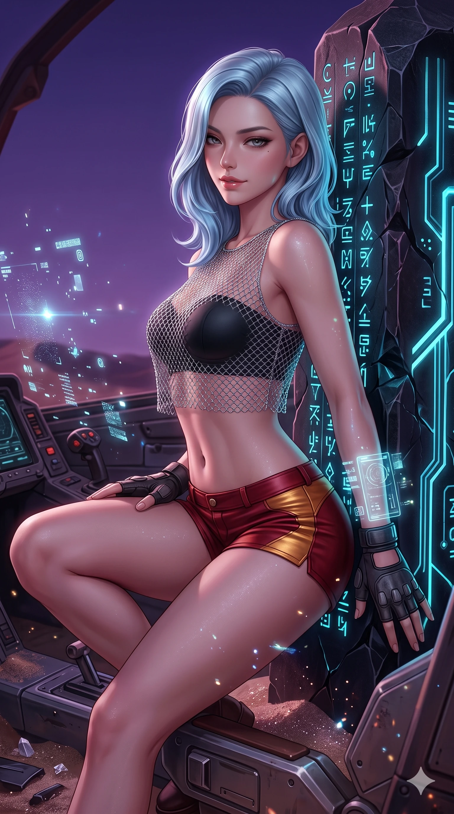 score_9, masterpiece, best quality, ultra-detailed, high-budget anime keyframe, semi-realistic 3D game render, editorial fashion photography, tasteful artistic composition, Korean woman. close-up cowboy shot from the waist and thighs up, the character dominates the composition, filling the frame with her large presence. perched sideways on the pilot seat, one knee drawn up to showcase her slender leg line while her arched back accentuates her feminine hip curve while leaning against an ancient carved obsidian stela with hips cocked back, gazing through floating holographic data particles with smoldering eyes. The surrounding environment is rendered in vivid detail and crisp panoramic clarity: sharp razor-edged obsidian fracture planes, micro-etched luminescent circuit channels, and crystalline sand grains in deep focus. She has an exceptionally elegant, slender, and willowy female figure with an ultra-slim waist, flat toned midriff, narrow ribcage, and sculpted feminine hips creating an alluring, slim hourglass silhouette without bulk. sharp v-shaped jawline, high-bridge nose, intricate jewel-like sparkling eyes with depth, thick eyelashes, glossy parted lips with a natural sheen, bright confident smile with an enchanting and coquettish sensual glint, exuding both youthful magnetic charm and sovereign high-tech allure, flawlessly proportioned anatomical accuracy, strict slender model proportions, natural body alignment, perfectly sculpted long slender limbs, ultra-slim waistline, clean dynamic posture without body distortion. wearing a delicate silver chainmail mesh crop top layered over a sculpted matte black bandeau with low-rise combat shorts in relativistic crimson and blazing accretion gold, woven from buttery-soft stretch lambskin leather adhering to her body like a second skin, complemented by fingerless armored tactical gloves and a glowing holographic wrist terminal, the form-contouring cut accentuating her sculpted flat midriff, narrow delicate ribcage, and gracefully curvy hips with cybernetic supermodel precision. bathed in the serene glowing cyan-blue light of the alien glyphs contrasting with the deep purple ambient twilight of the desert sky. highly saturated vibrant anime colors, detailed shading with soft gradients, rich glossy textures, high-contrast stereoscopic depth, volumetric dynamic lighting, master piece, 9:16 ratio