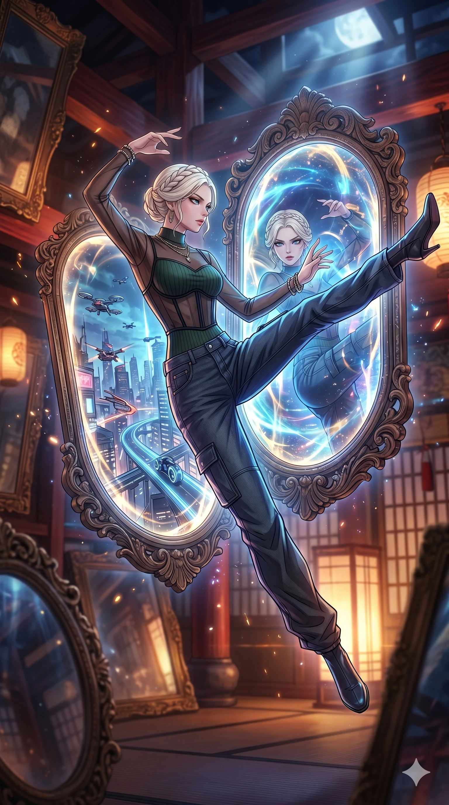 score_9, masterpiece, best quality, ultra-detailed, high-budget anime movie keyframe, cinematic anime lighting, intricate line art, Japanese woman. Mid-air action shot capturing a graceful twist and vertical silhouette. manipulating the reflections in a mirror to show the future. She has an absolutely perfect 8-heads proportion, an exceptionally tall and slender female figure with an ultra-slim waist and impossibly long slender legs. strictly human anatomy, two legs only, no extra limbs, clearly defined legs and arms, perfect anatomy, perfect hands and fingers. sharp v-shaped jawline, high-bridge nose, intricate jewel-like eyes, thick eyelashes, glossy lips. Wearing Urban Trendsetter: Ribbed bodycon dress, crop top with high-waist denim, and sheer corset with cargo pants. The scene is illuminated by dramatic atmospheric lighting and vibrant color palettes. , 2k, ultra detail, master piece, 9:16 ratio