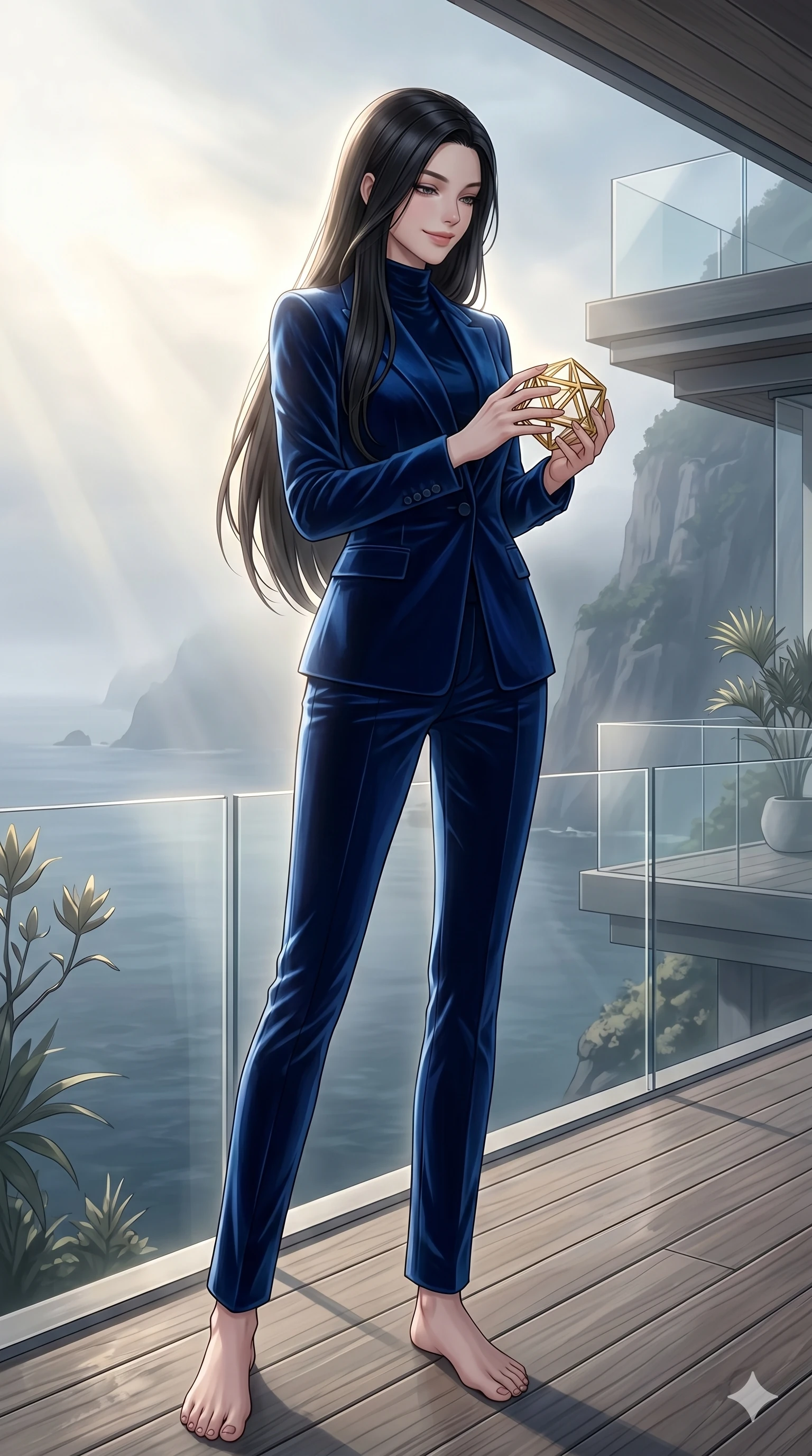 score_9, masterpiece, best quality, ultra-detailed, high-budget anime keyframe, editorial fashion photography, tasteful artistic composition, Korean woman. low angle full-body shot from head to toe showing her feet, filling the entire 9:16 vertical frame with her statuesque presence, stretching her vertical silhouette. holding a small golden polyhedron, looking down with a serene and powerful smile on a private sun-deck of a cliffside retreat overlooking the deep sea (Code-P18-056). She has an absolutely perfect 8-heads proportion, an exceptionally tall and slender female figure with impossibly long slender legs and an ultra-slim waist. V-shaped jawline, high-bridge nose, intricate jewel-like eyes with depth, thick eyelashes, glossy lips with a natural sheen. wearing a tailored velvet high-neck blazer with matching pants. soft morning sunbeams filtering through the mist, creating a soft glowing aura. 2k, ultra detail, master piece, 9:16 ratio