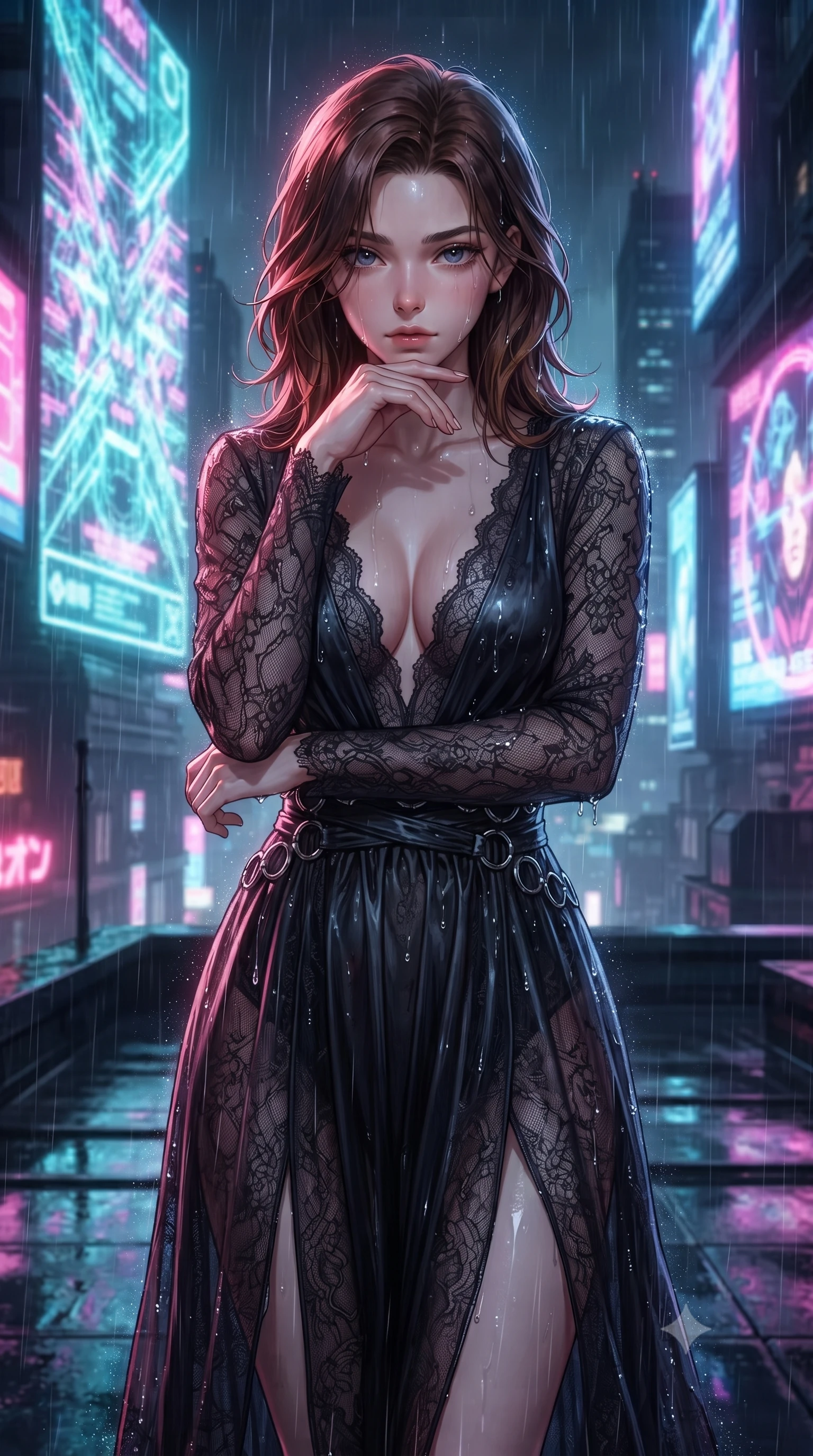 score_9, masterpiece, best quality, ultra-detailed, high-budget anime keyframe, editorial fashion photography, tasteful artistic composition, Korean woman. close-up cowboy shot from the waist and thighs up, the character dominates the composition, filling the frame with her large presence, background elements kept in soft focus. Resting her chin on the backs of her fingers with an air of effortless superiority, walking across a rain-slicked dark rooftop under towering holographic cyber-billboards, torrential neon-lit rain droplets streaming down her dark outfit. She has an exceptionally elegant, slender, and willowy female figure with an ultra-slim waist, a gracefully sculpted slender torso, and a refined silhouette. sharp v-shaped jawline, high-bridge nose, intricate jewel-like eyes with depth, thick eyelashes, glossy lips with a natural sheen. wearing gothic nebula sheer dark lace gown with plunging neckline in pitch-black onyx, made of soft dark satin, trimmed with dark chrome ring hardware along the waist contours, following her slender form with tailored precision. bathed in high-contrast wet neon reflections and deep pitch-black shadows. highly saturated vibrant anime colors, detailed shading with soft gradients, rich glossy textures, high-contrast stereoscopic depth, volumetric dynamic lighting, master piece, 9:16 ratio
