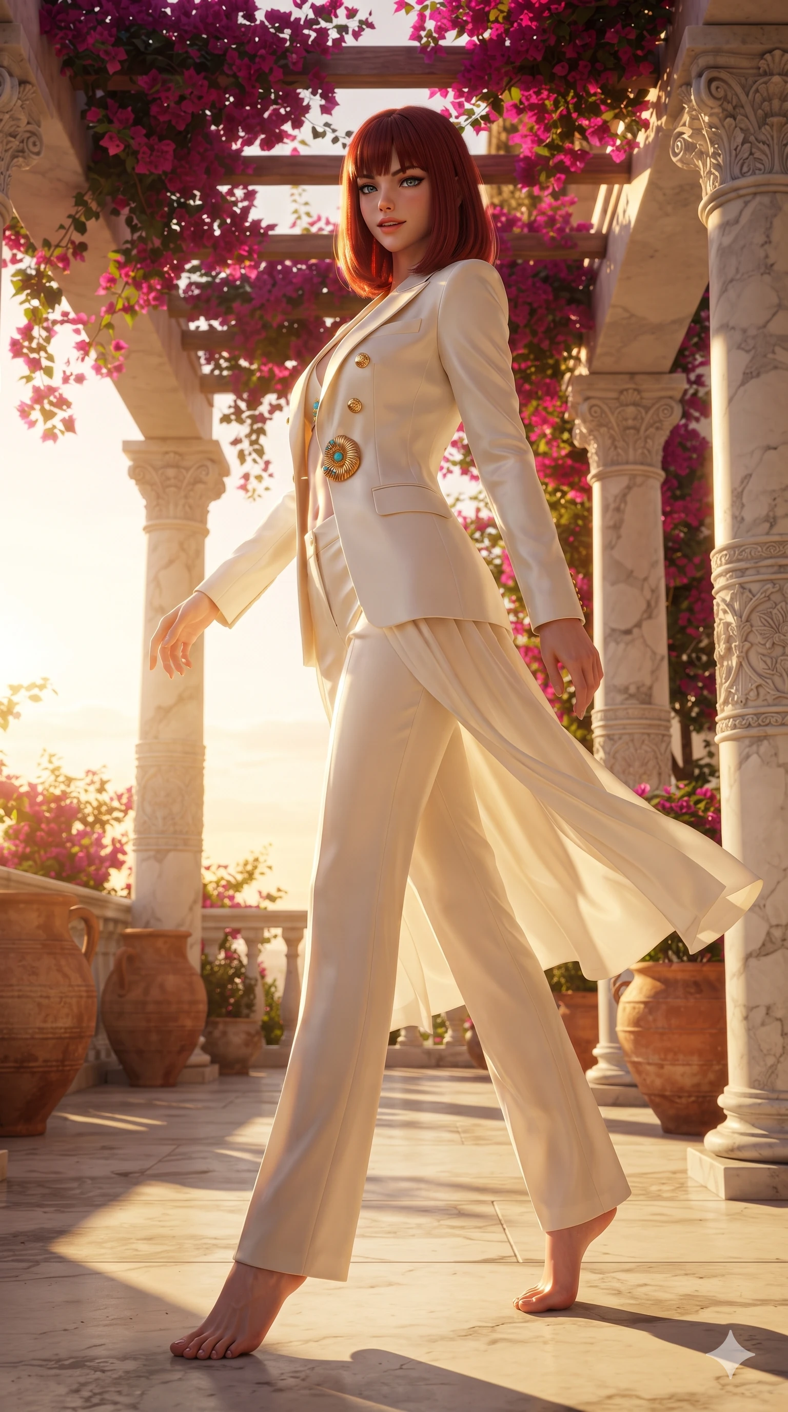 score_9, masterpiece, best quality, ultra-detailed, high-budget anime keyframe, editorial fashion photography, tasteful artistic composition, Caucasian woman. low angle full-body shot from head to toe showing her feet, filling the entire 9:16 vertical frame with her statuesque presence, stretching her vertical silhouette. executing a slow, graceful pivot turn as her silk wrap skirt sways around her slender legs, glancing back with an enchanting, teasing sensual expression while twisting her slender torso in an alluring S-curve beneath cascading magenta bougainvillea trellises, warm afternoon sunbeams tracing her flat midriff and hourglass curves. The surrounding environment is rendered in vivid detail and crisp panoramic clarity: sharp carved Carrara marble relief carvings, crisp bougainvillea flower petal veins, and weathered terracotta urn textures in deep focus. She has an absolutely perfect, statuesque 8.5-heads proportion, an exceptionally tall and slender model-like female figure with impossibly long slender legs, an ultra-slim waist, a flat toned midriff, narrow delicate ribcage, and beautifully sculpted feminine hips creating a graceful, slim hourglass silhouette without any bulky heaviness. sharp v-shaped jawline, high-bridge nose, sparkling eyes with hypnotic seductive depth, thick curled eyelashes, glossy parted lips with a natural dewy peach sheen, alluring bedroom-eyes with an enchanting coquettish smile, exuding magnetic siren charisma and sophisticated glamour, flawlessly proportioned anatomical accuracy, strict slender model proportions, natural body alignment, perfectly sculpted long slender limbs, ultra-slim waistline, clean dynamic posture without body distortion. wearing a structured Riviera tailored pantsuit in liquid ivory silk with golden nautical button accents in Positano pastel rose and terracotta brick, tailored from heavy double-faced silk georgette with an exceptionally fluid drape, accented with an authentic engraved gold nautilus shell medallion and turquoise cabochons, the impeccably tailored cut draping gracefully along her slender figure with aristocratic resort poise. bathed in the warm, golden 2900K afternoon rays of the setting Mediterranean sun casting dramatic long shadows across marble columns. ultra-reflective glossy finish, specular highlights, rich textural contrasts, high-contrast stereoscopic depth, volumetric dynamic lighting, 2k, ultra detail, master piece, 9:16 ratio