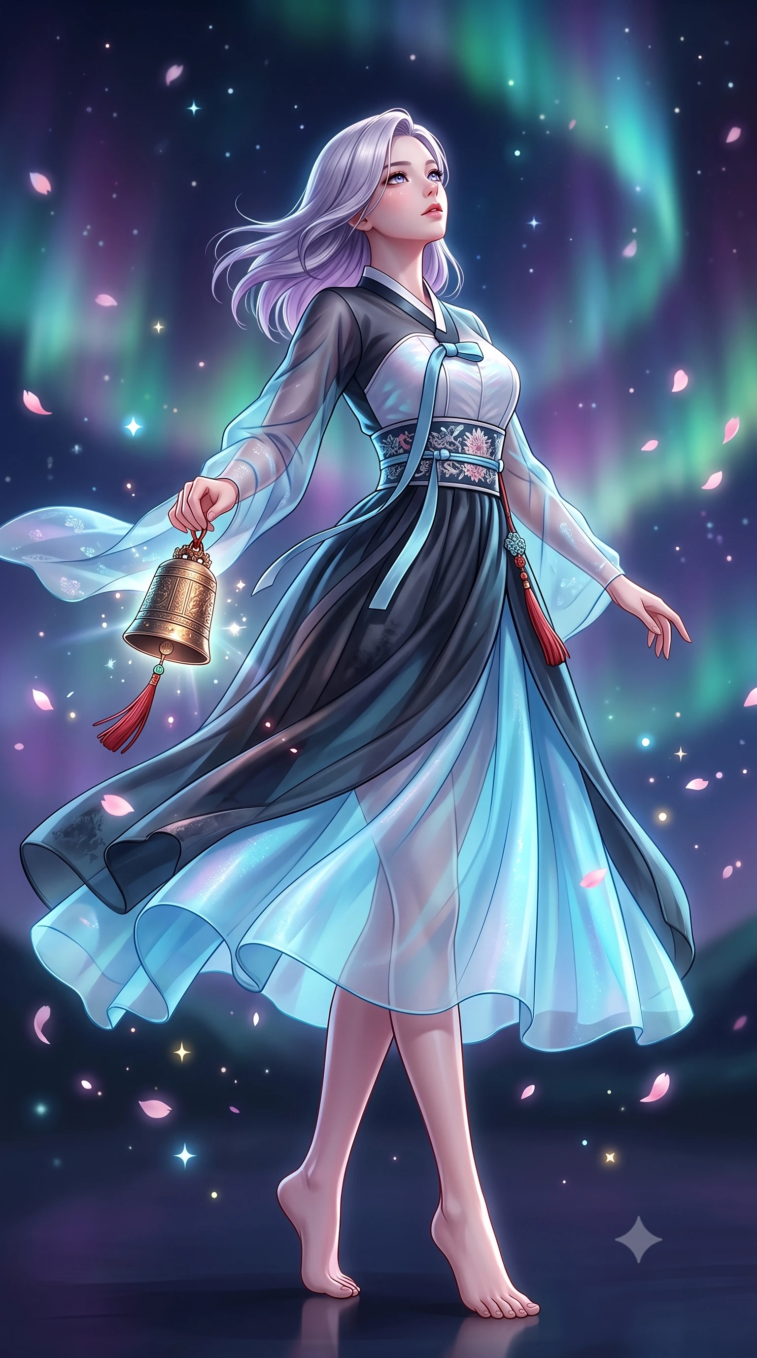 score_9, masterpiece, best quality, ultra-detailed, high-budget anime keyframe, semi-realistic 3D game render, editorial fashion photography, tasteful artistic composition, Caucasian woman. low angle full-body shot from head to toe showing her feet, filling the entire 9:16 vertical frame with her statuesque presence, stretching her vertical silhouette. executing an elegant mid-motion spin with effortless grace, her garments fluttering softly around her ultra-slim waistline while holding a glowing bronze ritual bell with red tassels, looking up at the aurora-filled sky with reverent, sparkling eyes. The composition keeps background elements in soft focus with creamy bokeh. drifting sakura petals and floating star particles scattering magical glowing light motes. She has an absolutely perfect, statuesque 8.5-heads proportion, an exceptionally tall and slender model-like female figure with impossibly long slender legs, a toned flat midriff, and an ultra-slim waist. sharp v-shaped jawline, high-bridge nose, intricate jewel-like eyes with depth, thick eyelashes, glossy lips with a natural sheen, captivating and magnetic expression, flawlessly proportioned anatomical accuracy, strict slender model proportions, natural body alignment, perfectly sculpted long slender limbs, ultra-slim waistline, clean dynamic posture without body distortion. wearing a modern fusion silk hanbok dress with sheer organza butterfly sleeves and a structured mother-of-pearl bodice in dark ink-wash black and radiant moonlight cyan, crafted from weightless prism organza that refracts light with every motion, finished with a wide embroidered waist band emphasizing her slender midriff, the glove-like aerodynamic second-skin fit tightly clinging to her ultra-slender waist and athletic curves without adding bulk, accentuating her razor-sharp statuesque lines and slim hourglass silhouette. illuminated by crisp directional rim lighting accentuating her slender curves, bare spine, and flowing robes. highly saturated vibrant anime colors, detailed shading with soft gradients, rich glossy textures, high-contrast stereoscopic depth, volumetric dynamic lighting, master piece, 9:16 ratio