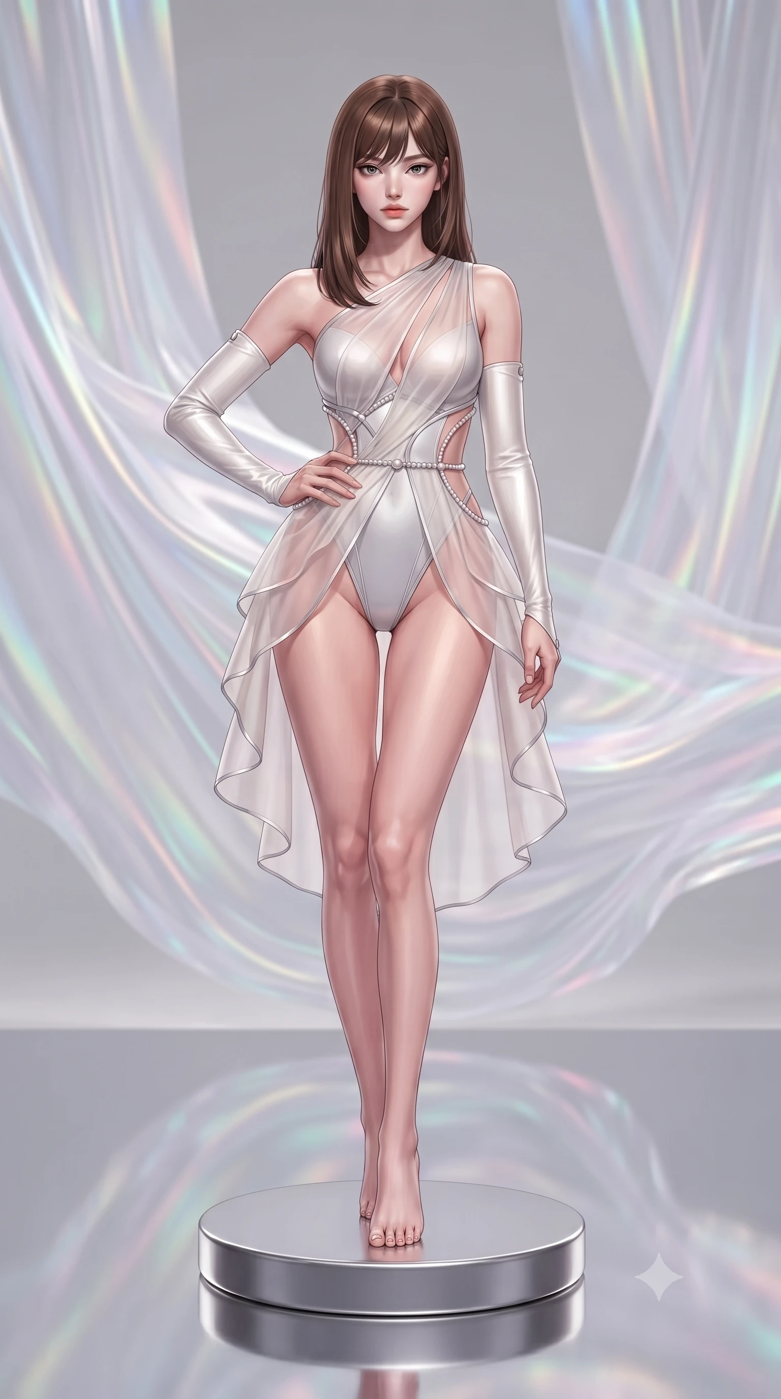 score_9, masterpiece, best quality, ultra-detailed, high-budget anime keyframe, editorial fashion photography, tasteful artistic composition, Korean woman. close-up cowboy shot from the waist and thighs up, the character dominates the composition, filling the frame with her large presence, background elements kept in soft focus. Holding a confident power pose with one hand on her hip, poised on a platinum pedestal as holographic organza drapes swirl in gentle breeze, mirror floor reflecting billowing silk folds with high-definition clarity. She has an exceptionally elegant, slender, and willowy female figure with an ultra-slim waist, a gracefully sculpted slender torso, and a refined silhouette. sharp v-shaped jawline, high-bridge nose, intricate jewel-like eyes with depth, thick eyelashes, glossy lips with a natural sheen. wearing asymmetric high-cut cyber-bodysuit with detached sleeves in pearl white in radiant platinum, made of sheer opal chiffon overlay, adorned with minimalist pearl hardware framing the waistline, highlighting her statuesque proportions and ultra-slim waistline. lit by bright white studio key light with colorful prismatic rim lighting. highly saturated vibrant anime colors, detailed shading with soft gradients, rich glossy textures, high-contrast stereoscopic depth, volumetric dynamic lighting, master piece, 9:16 ratio