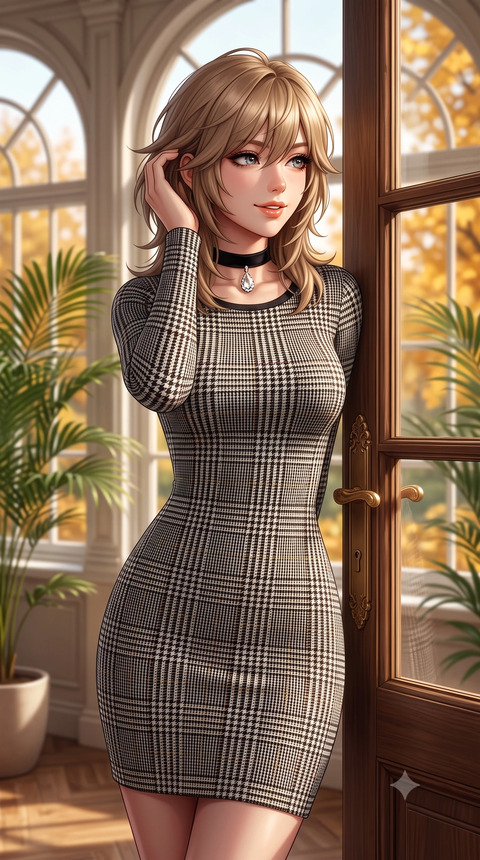 score_9, masterpiece, best quality, ultra-detailed, high-budget anime keyframe, semi-realistic 3D game render, editorial fashion photography, tasteful artistic composition, Japanese woman. close-up cowboy shot from the waist and thighs up, the character dominates the composition, filling the frame with her large presence. gently brushing a lock of hair behind her ear while casting a playful, flirtatious side-gaze with long eyelashes while leaning against the ornate French double doors looking out toward Kensington Gardens with a serene, captivating expression. The background shows a soft-focus arched multi-pane conservatory windows, lush potted palm fronds, and golden maple trees outside blurred into honey, terracotta, and olive bokeh. She has an exceptionally elegant, slender, and willowy female figure with an ultra-slim waist, flat toned midriff, narrow ribcage, and sculpted feminine hips creating an alluring, slim hourglass silhouette without bulk. sharp v-shaped jawline, high-bridge nose, intricate jewel-like sparkling eyes with depth, thick eyelashes, glossy parted lips with a natural peach sheen, bright cheerful beaming smile with an enchanting and coquettish sensual glint, exuding both youthful cute charm and seductive allure, flawlessly proportioned anatomical accuracy, strict slender model proportions, natural body alignment, perfectly sculpted long slender limbs, ultra-slim waistline, clean dynamic posture without body distortion. wearing a form-contouring Art Deco geometric patterned knit bodycon dress hugging her slender frame with golden thread accents in classic glen plaid monochrome with subtle wine red accent, tailored from form-contouring ribbed merino wool hugging her torso like a second skin, finished with a narrow velvet neck ribbon and a sparkling teardrop crystal pendant, the form-contouring silhouette accentuating her sculpted flat midriff, narrow delicate ribcage, and gracefully curvy hips with intoxicating allure. bathed in warm 3200K autumn sunlight streaming through floor-to-ceiling arched south-facing conservatory windows. highly saturated vibrant anime colors, detailed shading with soft gradients, rich glossy textures, high-contrast stereoscopic depth, volumetric dynamic lighting, master piece, 9:16 ratio
