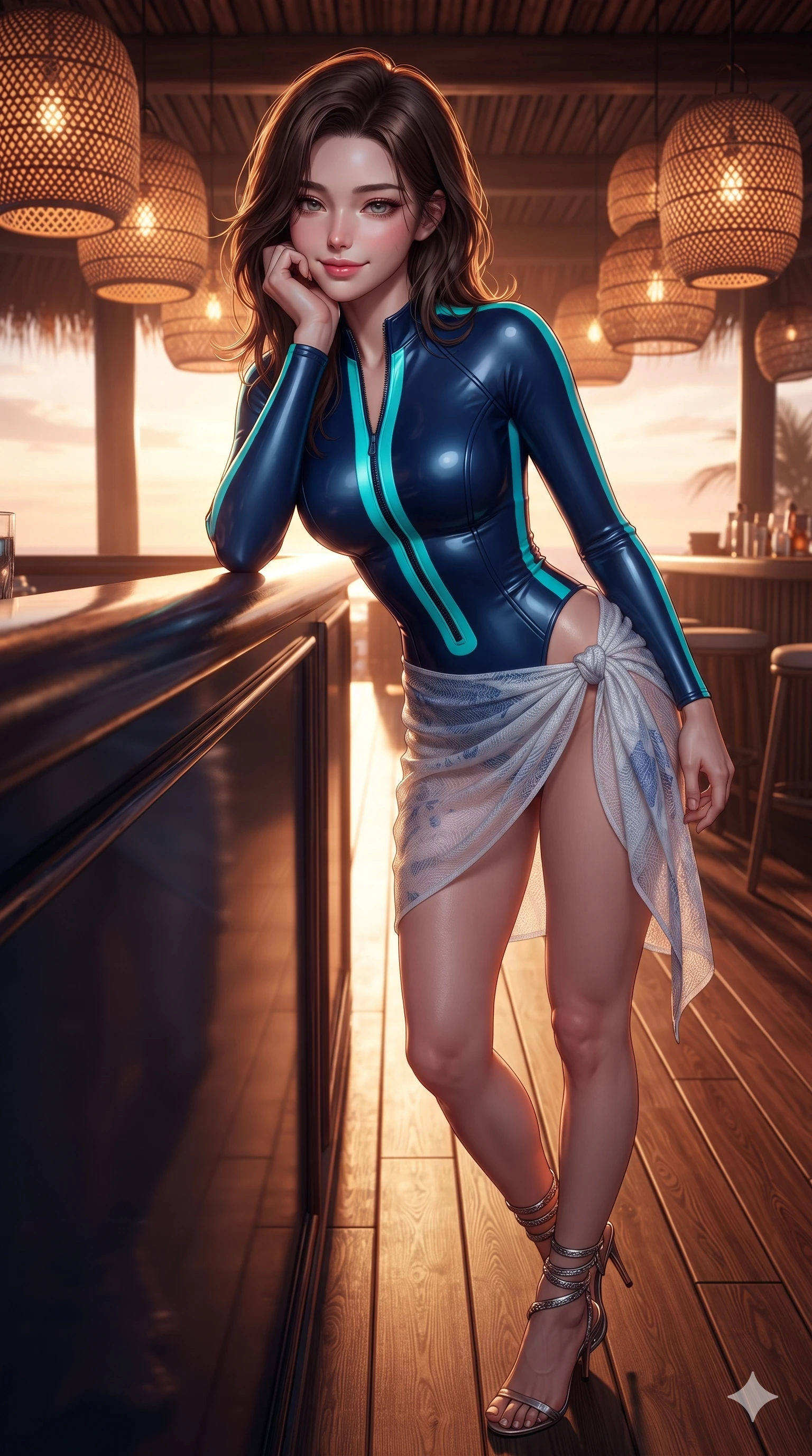 score_9, masterpiece, best quality, ultra-detailed, high-budget anime keyframe, editorial fashion photography, tasteful artistic composition, Korean woman. close-up cowboy shot from the waist and thighs up, the character dominates the composition, filling the frame with her large presence. resting one elbow on the yacht railing and supporting her chin, leaning close to the camera with heavy-lidded sparkling eyes and parted lips while twisting her slender torso in an alluring S-curve beside hanging rattan lanterns, warm woven light and sunset rays tracing her flat midriff and curvy hips. The surrounding environment is rendered in vivid detail and crisp panoramic clarity: detailed structured underwire bikini bustier top tailoring, draped sarong wrap mini skirt, and beach bar interior in razor-sharp resolution. She has an exceptionally elegant, slender, and willowy female figure with an ultra-slim waist, flat toned midriff, narrow ribcage, and sculpted feminine hips creating an alluring, slim hourglass silhouette without bulk. sharp v-shaped jawline, high-bridge nose, sparkling eyes with hypnotic seductive depth, thick curled eyelashes, glossy parted lips with a natural dewy peach sheen, alluring bedroom-eyes with an enchanting coquettish smile, exuding magnetic siren charisma and sophisticated glamour, flawlessly proportioned anatomical accuracy, strict slender model proportions, natural body alignment, perfectly sculpted long slender limbs, ultra-slim waistline, clean dynamic posture without body distortion. wearing a form-contouring wet-look neoprene zip-front surfing bodysuit with high-cut leg openings and racing side stripes in deep Capri grotto sapphire and glowing electric teal, tailored from smooth liquid silk satin that clings smoothly to her narrow waist and rounded hips with a dewy sheen, complemented by strappy stiletto sandals with metallic ankle wraps accentuating her slender calves, the liquid-tight tailored fabric clinging flawlessly to her narrow waist and rounded feminine hips, emphasizing every millimeter of her sculpted slim hourglass curves without any bulky heaviness. illuminated by timber floor bounce and sharp coral-amber rim lights defining her razor-sharp jawline, narrow waist, and curvy hips. ultra-reflective glossy finish, specular highlights, rich textural contrasts, high-contrast stereoscopic depth, volumetric dynamic lighting, 2k, ultra detail, master piece, 9:16 ratio