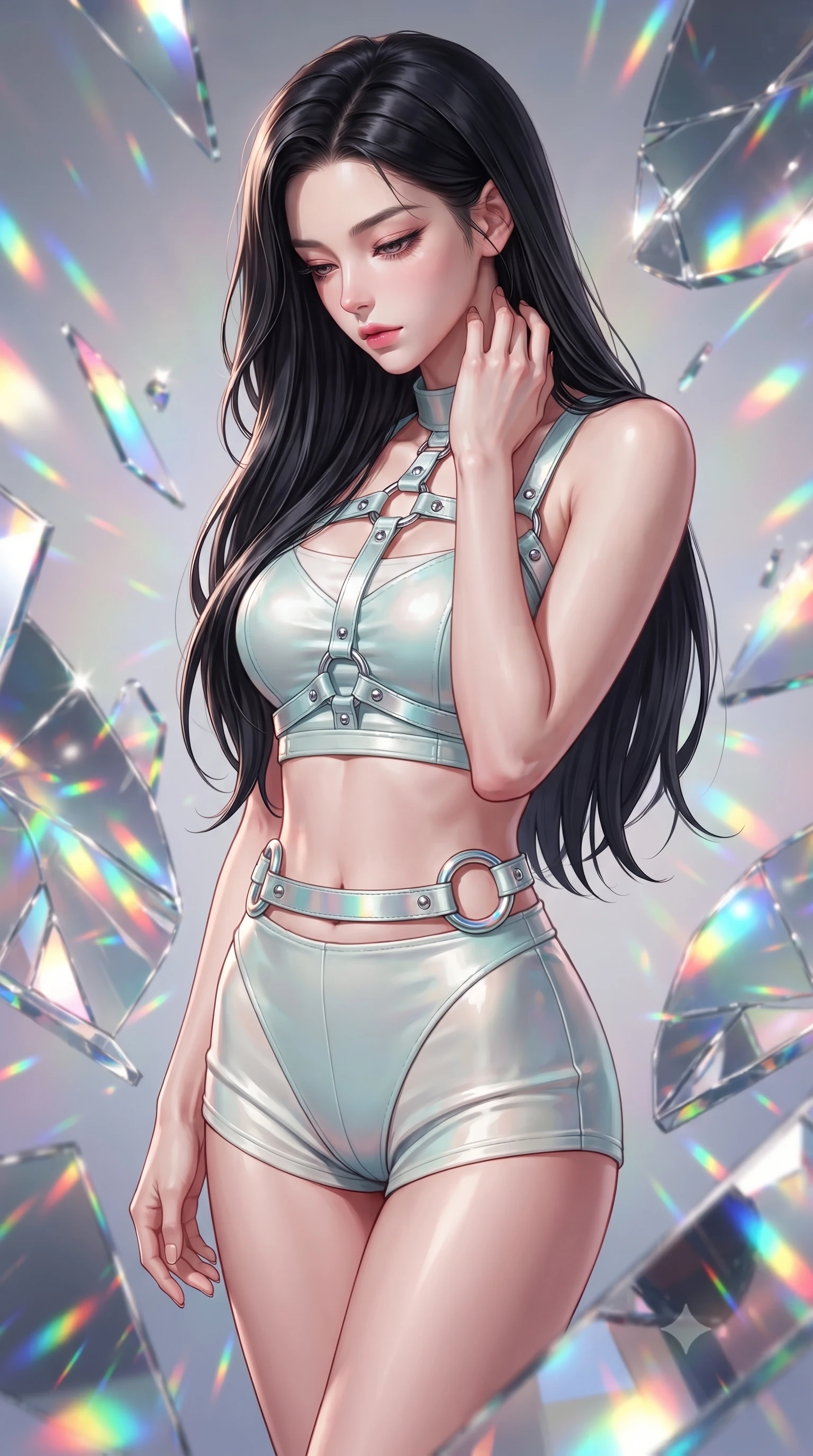 score_9, masterpiece, best quality, ultra-detailed, high-budget anime keyframe, editorial fashion photography, tasteful artistic composition, Korean woman. close-up cowboy shot from the waist and thighs up, the character dominates the composition, filling the frame with her large presence, background elements kept in soft focus. Looking down with lowered lashes and a composed, powerful aura, surrounded by rotating shattered mirror sculptures reflecting bright acrylic colors, shattered mirror shards scattering brilliant rainbow reflections everywhere. She has an exceptionally elegant, slender, and willowy female figure with an ultra-slim waist, a gracefully sculpted slender torso, and a refined silhouette. sharp v-shaped jawline, high-bridge nose, intricate jewel-like eyes with depth, thick eyelashes, glossy lips with a natural sheen. wearing high-cut micro-shorts and crop top set with silver metallic harness in pale opal seafoam, made of polished ivory leather, accented with sculpted opal chrome rings at the waist, following her slender form with tailored precision. bathed in high-contrast vibrant studio lighting with sharp specular highlights. highly saturated vibrant anime colors, detailed shading with soft gradients, rich glossy textures, high-contrast stereoscopic depth, volumetric dynamic lighting, master piece, 9:16 ratio