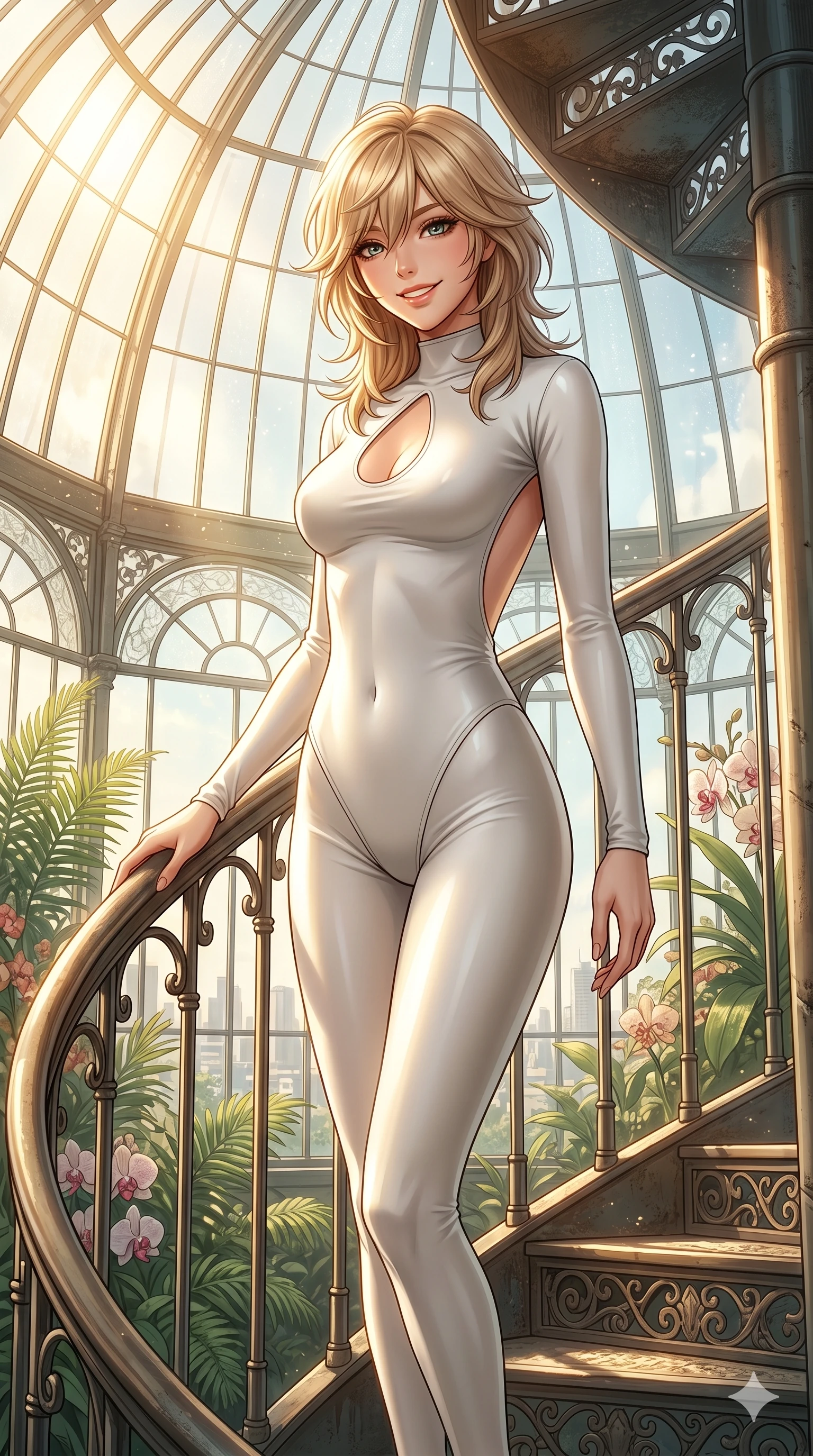 score_9, masterpiece, best quality, ultra-detailed, high-budget anime keyframe, editorial fashion photography, tasteful artistic composition, Japanese woman. cowboy shot from the thighs up, character and outfit filling the frame for maximum editorial presence. looking down with a bright, confident smile, one hand on the railing standing on a spiral staircase inside a glass conservatory tower. She has an absolutely perfect 8-heads proportion, an exceptionally tall and slender female figure with impossibly long slender legs and an ultra-slim waist. V-shaped jawline, high-bridge nose, intricate jewel-like eyes with depth, thick eyelashes, glossy lips with a natural sheen. wearing a sleek, glove-like white bodysuit with elegant keyhole cutout and open back. drenched in brilliant afternoon sunlight streaming through the curved glass walls. 2k, ultra detail, master piece, 9:16 ratio