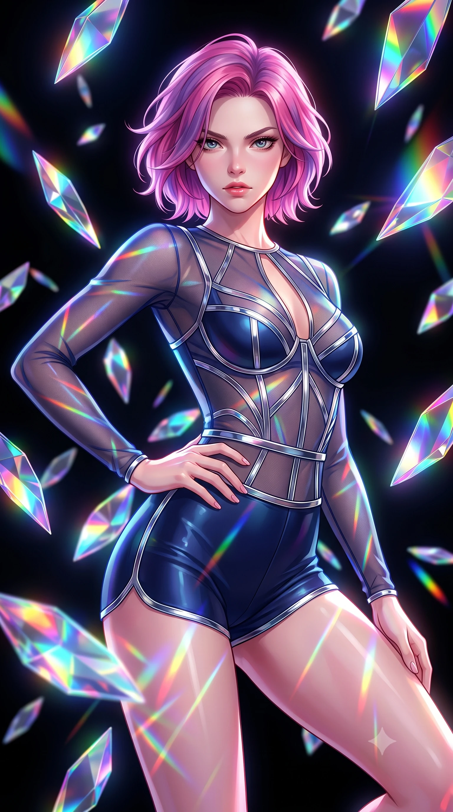 score_9, masterpiece, best quality, ultra-detailed, high-budget anime keyframe, editorial fashion photography, tasteful artistic composition, Caucasian woman. close-up cowboy shot from the waist and thighs up, the character dominates the composition, filling the frame with her large presence, background elements kept in soft focus. Holding a powerful dynamic pose with one hand on her hip and body angled dramatically toward the key light while floating dynamically in a high-contrast void surrounded by suspended prismatic mirror petals, a kaleidoscope of refractions forming geometric laser patterns across her form. She has an exceptionally elegant, slender, and willowy female figure with an ultra-slim waist, a gracefully sculpted slender torso, and a refined silhouette. sharp v-shaped jawline, high-bridge nose, intricate jewel-like eyes with depth, thick eyelashes, glossy lips with a natural sheen, flawlessly proportioned anatomical accuracy, natural body alignment, perfectly sculpted elegant limbs, clean dynamic posture without body distortion. wearing a delicate see-through mesh top with structured cup boning and micro-shorts in midnight navy blue and chrome trim, formed from sleek second-skin neoprene, accented with a Tasteful chest slit framing her clavicle gracefully, the glove-like fit emphasizing her statuesque silhouette during motion. bathed in brilliant multi-color rainbow light refracting through floating glass prisms. highly saturated vibrant anime colors, detailed shading with soft gradients, rich glossy textures, high-contrast stereoscopic depth, volumetric dynamic lighting, master piece, 9:16 ratio