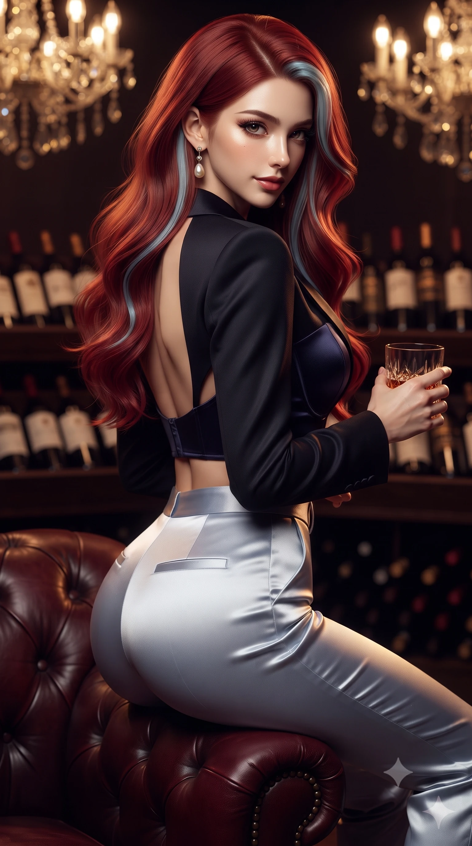 score_9, masterpiece, best quality, ultra-detailed, high-budget anime keyframe, editorial fashion photography, tasteful artistic composition, Caucasian woman. close-up cowboy shot from the waist and thighs up, the character dominates the composition, filling the frame with her large presence. posing in an alluring rear three-quarter angle, turning over a bare shoulder with an intoxicating, smoldering gaze, her hips cocked back to highlight her slim hourglass curve while reclining back into the tufted dark oxblood Chesterfield armchair, arching her spine with effortless dominance while holding a crystal whiskey tumbler. The composition keeps background elements in soft focus with dreamy creamy bokeh. thousands of vintage wine bottles resting in dark oak bins and crystal chandeliers blurred into deep burgundy, bronze, and antique gold bokeh. She has an exceptionally elegant, slender, and willowy female figure with an ultra-slim waist, flat toned midriff, narrow ribcage, and sculpted feminine hips creating an alluring, slim hourglass silhouette without bulk. sharp v-shaped jawline, high-bridge nose, intricate jewel-like dark sparkling eyes with dangerous depth, thick curled eyelashes, glossy parted lips with a rich wine sheen, smoldering seductive half-smile with bedroom-eyes, exuding effortless superiority and intoxicating dark allure, flawlessly proportioned anatomical accuracy, strict slender model proportions, natural body alignment, perfectly sculpted long slender limbs, ultra-slim waistline, clean dynamic posture without body distortion. wearing a tailored cropped midnight-black tuxedo blazer worn over a structured bustier top and high-waisted cigarette trousers in midnight indigo and icy platinum, crafted from heavy fluid silk satin with a liquid mirror-like drape, accented with a single dangling baroque pearl earring reflecting the amber glow, the precision-cut side openings and low-back scoop framing her graceful spine and the sensual sweep of her slim, toned hips. illuminated by focused amber key light and dark bronze rim light carving her razor-sharp jawline, narrow waist, and curvy hips. ultra-reflective glossy finish, specular highlights, rich textural contrasts, high-contrast stereoscopic depth, volumetric dynamic lighting, 2k, ultra detail, master piece, 9:16 ratio
