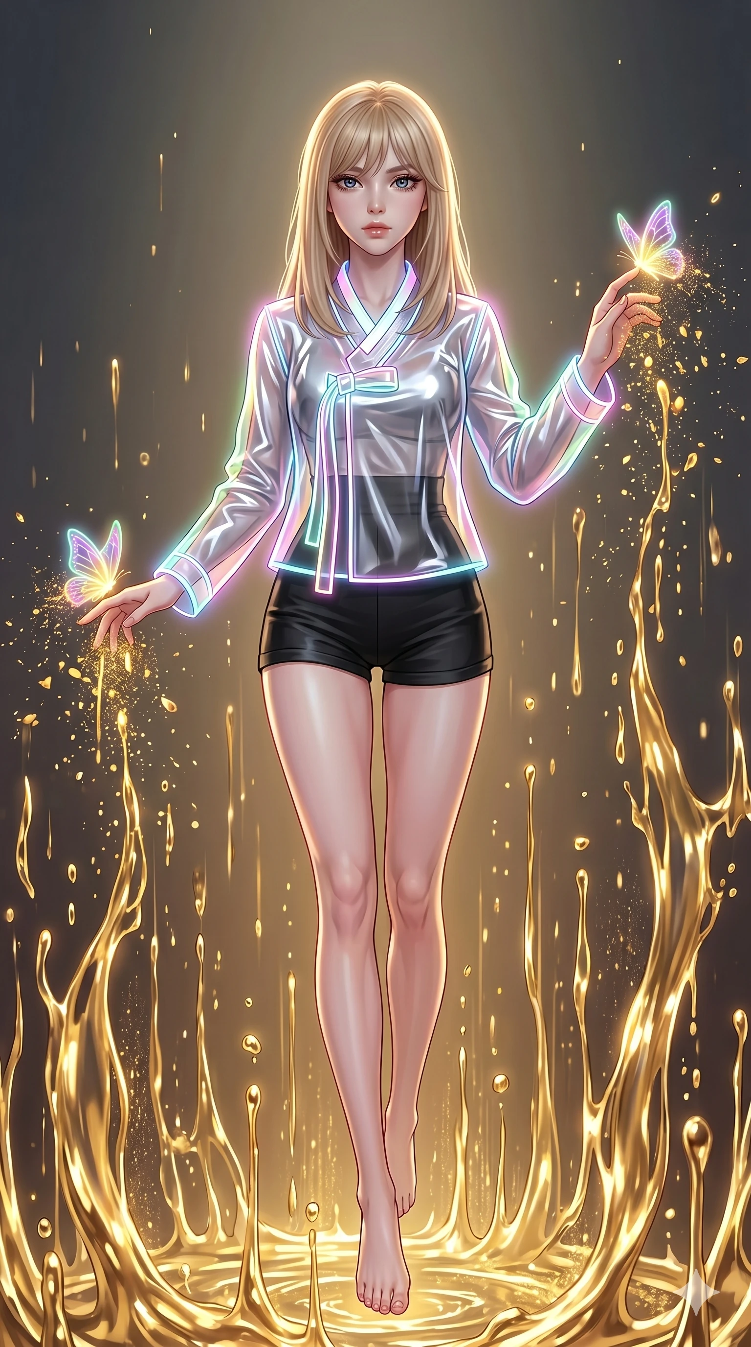 score_9, masterpiece, best quality, ultra-detailed, high-budget anime keyframe, editorial fashion photography, tasteful artistic composition, Japanese woman. upper body close-up from the thighs up, character filling the screen for maximum presence. stepping dynamically on under an inverted gravity field where liquid gold rain rises upward from the ground while glowing neon butterflies disintegrate into micro-sparks at her touch. She has an absolutely perfect 8-heads proportion, an exceptionally tall and slender female figure with impossibly long slender legs and an ultra-slim waist. V-shaped jawline, high-bridge nose, intricate jewel-like eyes with depth, thick eyelashes, glossy lips with a natural sheen.. wearing a vinyl liquid silver fusion hanbok, featuring a translucent chrome-silver vinyl jeogori, high-waist black high-waist fitted shorts, and glowing neon wire trims with a refined V-neckline detail. enhanced by a luminous pastel spectrum glow, casting elegant rim lights on her shoulders and jawline. 2k, ultra detail, master piece, 9:16 ratio