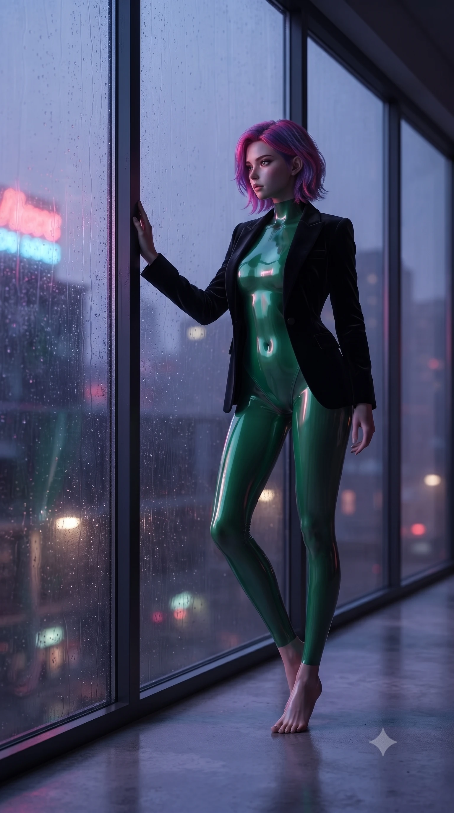 score_9, masterpiece, best quality, ultra-detailed, High-budget Anime Keyframe, editorial fashion photography, tasteful artistic composition, realistic cosplay photography, Caucasian woman, strictly human ears. Dynamic full-body shot stretching the vertical silhouette to the limit. Scenario 451: looking out at the rain through a wet glass window near a glowing neon window at twilight with soft rain falling. Her presence is magnetic and overpowering in this high-budget cinematic scene. Outfit 451: a form-contouring emerald green translucent PVC bodysuit layered under a structured velvet blazer. The clothing is designed to emphasize her exceptionally tall and slender 8-heads proportion. 8-heads proportion, towering silhouette, ultra-slim waist. sharp v-shaped jawline, intricate jewel-like eyes with depth, thick eyelashes, glossy lips. ultra-reflective glossy finish, specular highlights, metallic sheen, high-contrast stereoscopic depth, volumetric dynamic lighting, 2k, ultra detail, master piece, 9:16 ratio