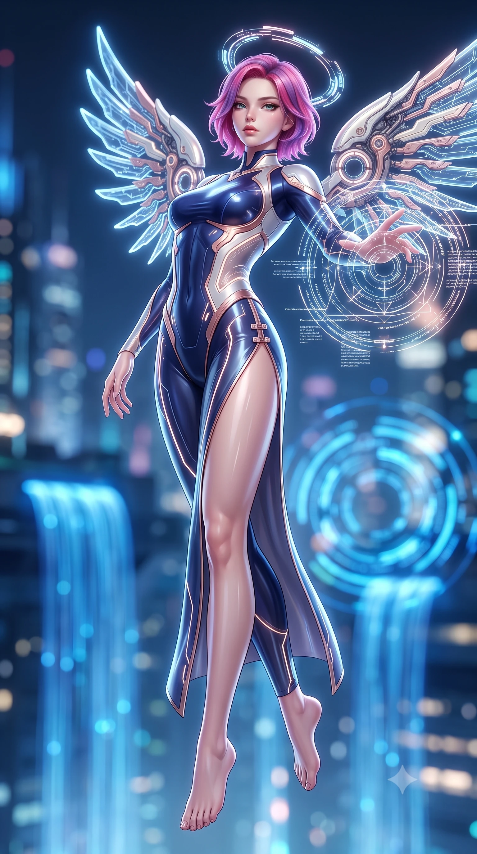 score_9, masterpiece, best quality, ultra-detailed, high-budget anime keyframe, semi-realistic 3D game render, editorial fashion photography, tasteful artistic composition, Caucasian woman. low angle full-body shot from head to toe showing her feet, filling the entire 9:16 vertical frame with her statuesque presence, stretching her vertical silhouette. arching her back gracefully in mid-air as glowing mechanical wings and floating cybernetic halos frame her statuesque presence while extending one arm with sovereign authority as complex holographic geometric mandalas orbit her fingertips. The composition keeps background elements in soft focus with creamy bokeh. cascading blue fiber-optic waterfalls and pulsing quantum data rings blurred into radiant sapphire and cyan bokeh. She has an absolutely perfect, statuesque 8.5-heads proportion, an exceptionally tall and slender model-like female figure with impossibly long slender legs, a toned flat midriff, and an ultra-slim waist. sharp v-shaped jawline, high-bridge nose, intricate jewel-like eyes with depth, thick eyelashes, glossy lips with a natural sheen, flawlessly proportioned anatomical accuracy, strict slender model proportions, natural body alignment, perfectly sculpted long slender limbs, ultra-slim waistline, clean dynamic posture without body distortion. wearing a statuesque midnight cobalt and polished platinum bodysuit featuring sleek aerodynamic contour lines and glowing circuit accents in sculpted rose gold and luminescent champagne ivory, tailored from semi-translucent cybernetic vinyl with glowing micro-filaments, finished with an ultra-high side slit secured by miniature magnetic clasps, the form-contouring material adhering flawlessly to her sculpted flat midriff and slender torso, emphasizing her long leg lines and perfectly proportioned willowy build. surrounded by an omniscient, divine, and radiantly transcendent digital muse aura. rich saturated anime colors with glowing neon highlights, detailed shading with soft gradients, rich glossy textures, high-contrast stereoscopic depth, volumetric dynamic lighting, master piece, 9:16 ratio