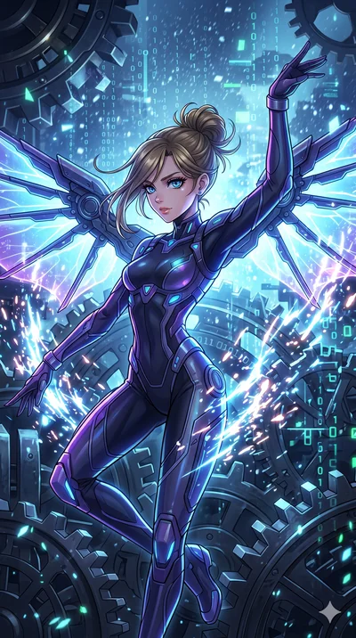 score_9, masterpiece, best quality, ultra-detailed, Set A: High-budget Anime Keyframe, Caucasian (strictly human ears) woman. Upper body close-up from the thighs up, character filling the screen for maximum presence. Dancing through a throne of gears
