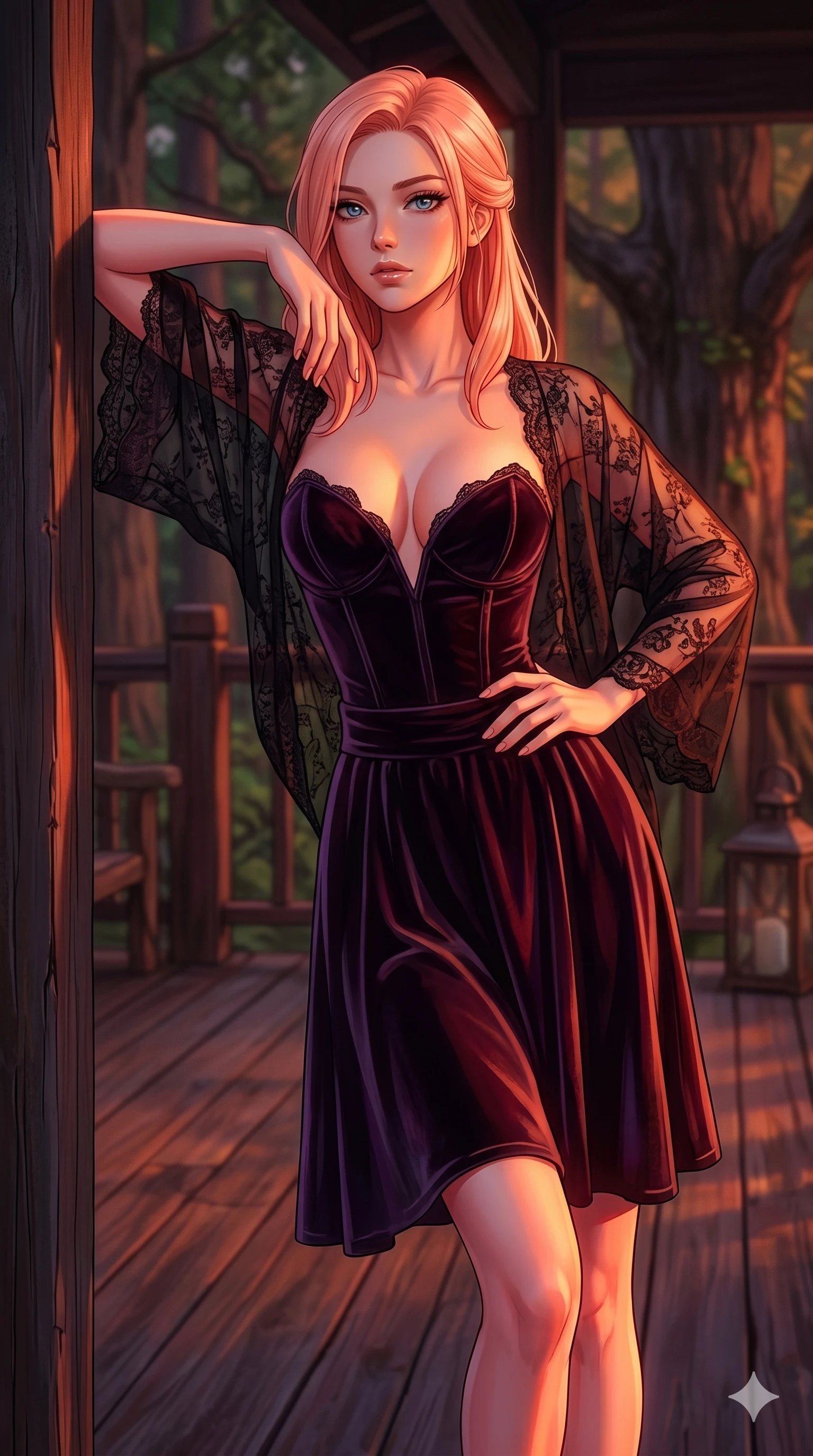 score_9, masterpiece, best quality, ultra-detailed, high-budget anime keyframe, editorial fashion photography, tasteful artistic composition, Japanese woman. cowboy shot from the thighs up, character and outfit filling the frame for maximum editorial presence. leaning against a wooden post, looking past the camera with quiet intensity on a secluded deck of a forest retreat surrounded by warm morning sun (Code-P19-138). She has an absolutely perfect 8-heads proportion, an exceptionally tall and slender female figure with impossibly long slender legs and an ultra-slim waist. V-shaped jawline, high-bridge nose, intricate jewel-like eyes with depth, thick eyelashes, glossy lips with a natural sheen. wearing a dark velvet corset with a deep sweetheart neckline revealing her cleavage and a sheer wrap. intense sunset lights casting colorful highlights on her. 2k, ultra detail, master piece, 9:16 ratio
