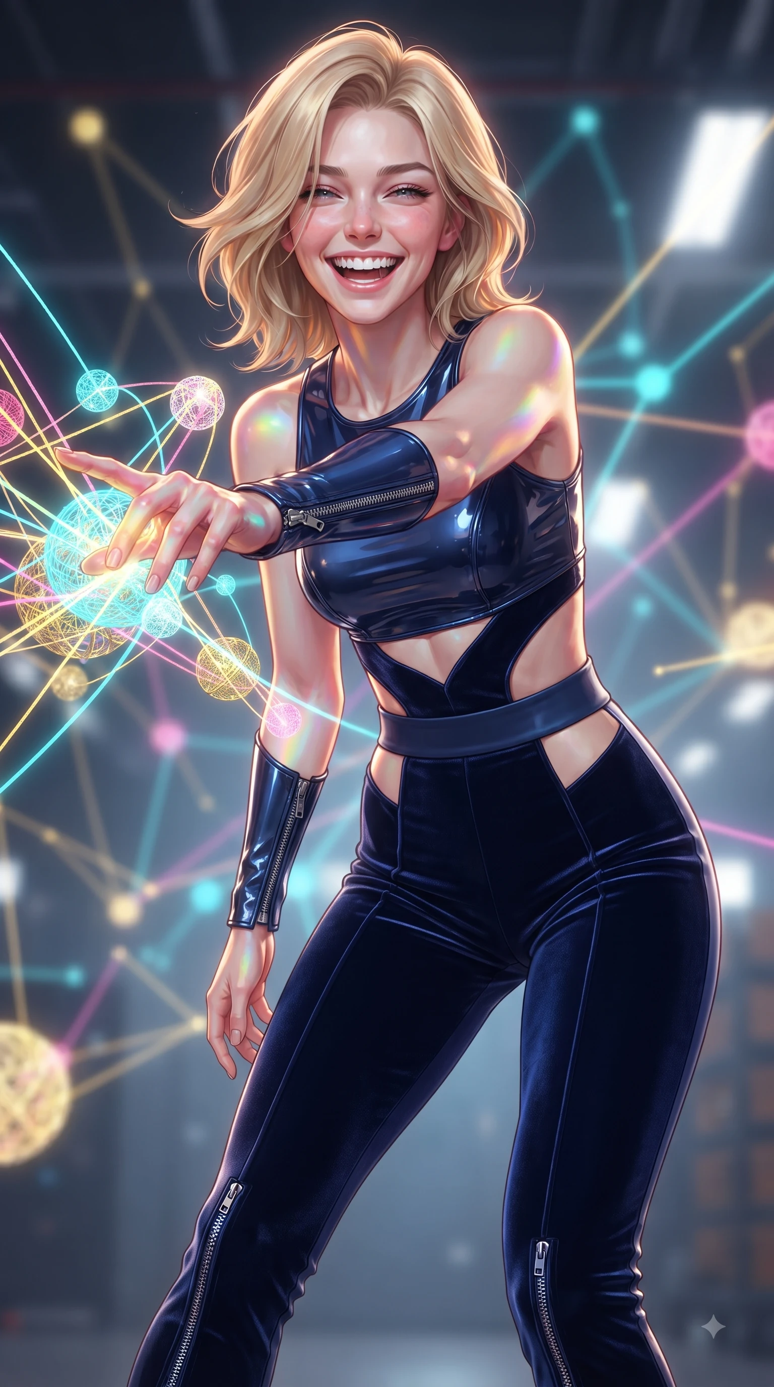score_9, masterpiece, best quality, ultra-detailed, high-budget anime keyframe, editorial fashion photography, tasteful artistic composition, Caucasian woman. close-up cowboy shot from the waist and thighs up, the character dominates the composition, filling the frame with her large presence, background elements kept in soft focus. Joyful laughing expression filled with genuine happiness and warmth, leaning forward with cheerful energy while reaching forward with a cheerful arm stretch to touch a cluster of glowing yarn spheres, fluorescent cyan, yellow, pink, and gold light threads crossing in 3D space. She has an exceptionally elegant, slender, and willowy female figure with an ultra-slim waist, a gracefully sculpted slender torso, and a refined silhouette. sharp v-shaped jawline, high-bridge nose, intricate jewel-like eyes with depth, thick eyelashes, glossy lips with a natural sheen, flawlessly proportioned anatomical accuracy, natural body alignment, perfectly sculpted elegant limbs, clean dynamic posture without body distortion. wearing a glossy vinyl crop top and high-waist tailored leggings with sleek zippers in midnight navy blue and chrome trim, made of premium stretch velvet with a rich sheen, featuring clean architectural cutouts along her slender torso, the sleek second-skin texture accentuating her magnetic presence. illuminated by the brilliant glow of rainbow luminescent plasma threads. ultra-reflective glossy finish, specular highlights, metallic sheen, high-contrast stereoscopic depth, volumetric dynamic lighting, 2k, ultra detail, master piece, 9:16 ratio