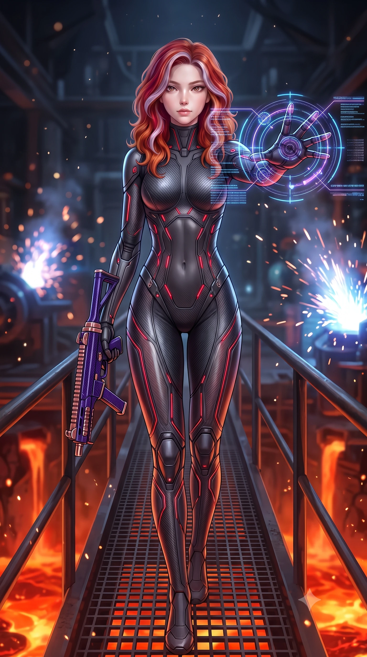 score_9, masterpiece, best quality, ultra-detailed, high-budget anime keyframe, semi-realistic 3D game render, editorial fashion photography, tasteful artistic composition, Caucasian woman. close-up cowboy shot from the waist and thighs up, the character dominates the composition, filling the frame with her large presence. extending one arm gracefully as glowing holographic targeting reticles and data streams orbit her fingertips with sovereign power while stepping along a narrow steel bridge overlooking the volcanic forge with commanding, sovereign grace. The composition keeps background elements in soft focus with creamy bokeh. blazing plasma sparks and heat haze scattering glowing light motes across a dark industrial backdrop. She has an exceptionally elegant, slender, and willowy female figure with an ultra-slim waist, a gracefully sculpted slender torso, toned flat midriff, and a refined slim silhouette. sharp v-shaped jawline, high-bridge nose, intricate jewel-like eyes with depth, thick eyelashes, glossy lips with a natural sheen, flawlessly proportioned anatomical accuracy, strict slender model proportions, natural body alignment, perfectly sculpted long slender limbs, ultra-slim waistline, clean dynamic posture without body distortion. wearing a second-skin dark gunmetal carbon-weave battle-suit with crimson laser conduits, brandishing a sleek high-tech composite submachine weapon with effortless allure in royal purple carbon fiber with rose-gold hardware and clasps, crafted from semi-translucent cybernetic carbon-vinyl interwoven with glowing micro-filaments, finished with high-mobility articulation joints and miniature magnetic armor locks, the form-contouring material adhering flawlessly to her sculpted flat midriff and slender torso, emphasizing her long leg lines and perfectly proportioned willowy build. surrounded by a fierce, elemental, and irresistibly powerful cyber-valkyrie of fire atmosphere. rich saturated anime colors with glowing neon highlights, detailed shading with soft gradients, rich glossy textures, high-contrast stereoscopic depth, volumetric dynamic lighting, master piece, 9:16 ratio