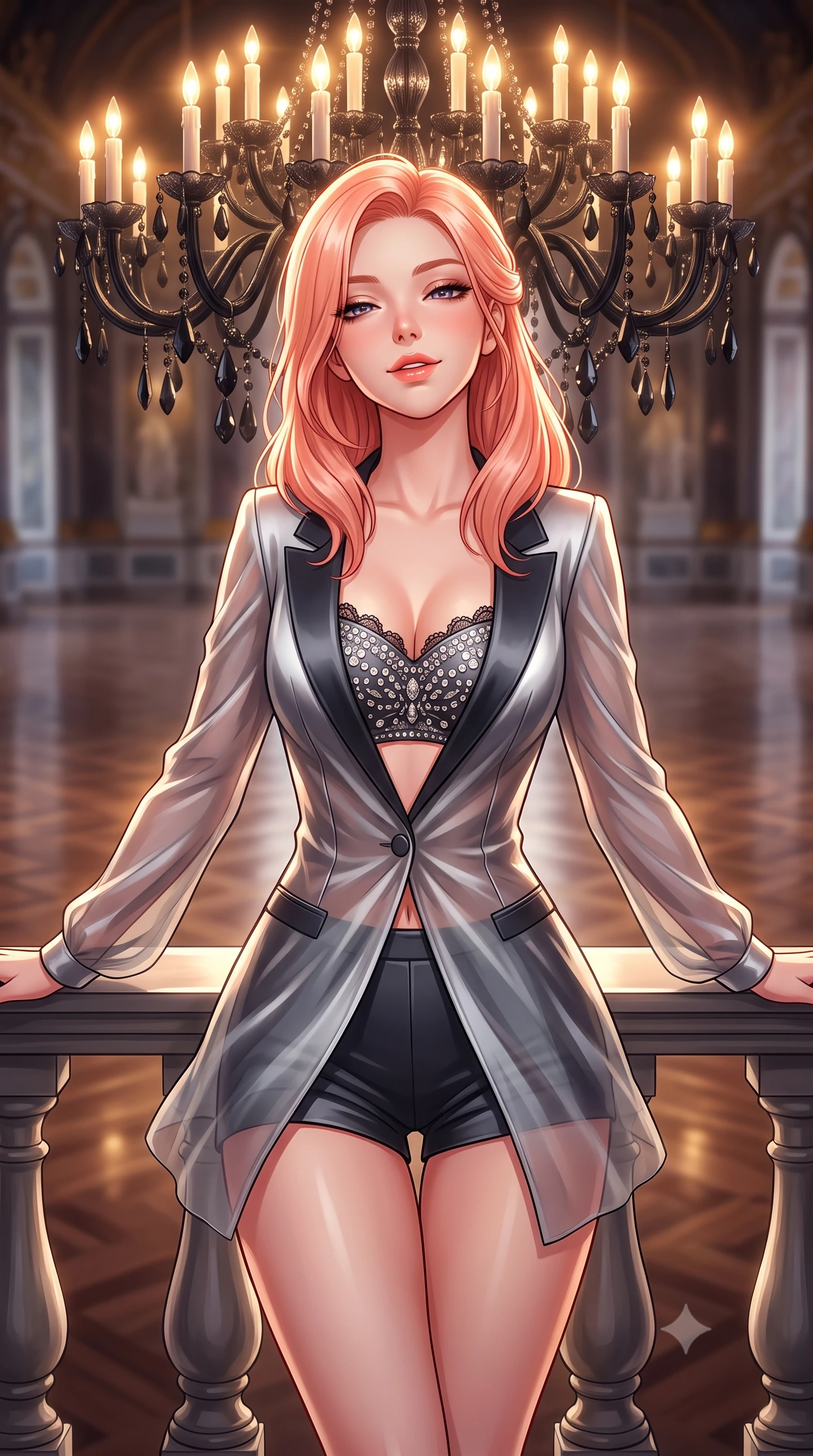 score_9, masterpiece, best quality, ultra-detailed, high-budget anime keyframe, semi-realistic 3D game render, editorial fashion photography, tasteful artistic composition, Japanese woman. close-up cowboy shot from the waist and thighs up, the character dominates the composition, filling the frame with her large presence. leaning back against the balustrade with relaxed seductive grace, head tilted back slightly while casting a hypnotic, heavy-lidded gaze while standing poised in the center of the vast deserted ballroom under a colossal black-crystal chandelier, arching her back with supreme elegance. The background shows a soft-focus polished ballroom floor reflections softened in opulent gothic shallow focus. She has an exceptionally elegant, slender, and willowy female figure with an ultra-slim waist, flat toned midriff, narrow ribcage, and sculpted feminine hips creating an alluring, slim hourglass silhouette without bulk. sharp v-shaped jawline, high-bridge nose, sparkling eyes with hypnotic seductive depth, thick curled eyelashes, glossy parted lips with a natural dewy peach sheen, alluring bedroom-eyes with an enchanting coquettish smile, exuding magnetic siren charisma and sophisticated glamour, flawlessly proportioned anatomical accuracy, strict slender model proportions, natural body alignment, perfectly sculpted long slender limbs, ultra-slim waistline, clean dynamic posture without body distortion. wearing a tailored open-front minimal smoking blazer worn over a jewel-embellished bandeau and micro-shorts in molten liquid silver and midnight charcoal with platinum highlights, made of sheer gossamer chiffon that drapes softly against skin with airy translucence, finished with scalloped eyelash lace trim framing her sweetheart neckline with intimate elegance, the liquid-tight tailored fabric clinging flawlessly to her narrow waist and rounded feminine hips, emphasizing every millimeter of her sculpted slim hourglass curves without any bulky heaviness. bathed in the glittering amber-and-gold brilliance of black-crystal chandelier candle bulbs. highly saturated vibrant anime colors, detailed shading with soft gradients, rich glossy textures, high-contrast stereoscopic depth, volumetric dynamic lighting, master piece, 9:16 ratio