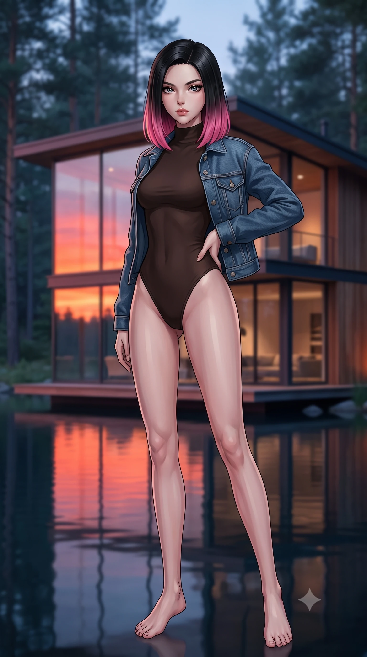 score_9, masterpiece, best quality, ultra-detailed, high-budget anime keyframe, editorial fashion photography, tasteful artistic composition, Korean woman woman. low angle full-body shot from head to toe showing her feet, filling the entire 9:16 vertical frame with her statuesque presence, stretching her vertical silhouette. posing confidently with one hand on her hip, stretching her statuesque body to emphasize her curves the background shows a soft-focus a modern house built of glass and wood, sitting on the edge of a calm forest lake. She has an absolutely perfect, statuesque 8.5-heads proportion, an exceptionally tall and slender model-like female figure with impossibly long slender legs and an ultra-slim waist. sharp v-shaped jawline, high-bridge nose, intricate jewel-like eyes with depth, thick eyelashes, glossy lips with a natural sheen. wearing a slim-fit form-contouring high-neck bodysuit in dark brown, worn under a tailored open denim jacket. the orange and pink reflection of the sunset on the glass walls and lake surface. 2k, ultra detail, master piece, 9:16 ratio