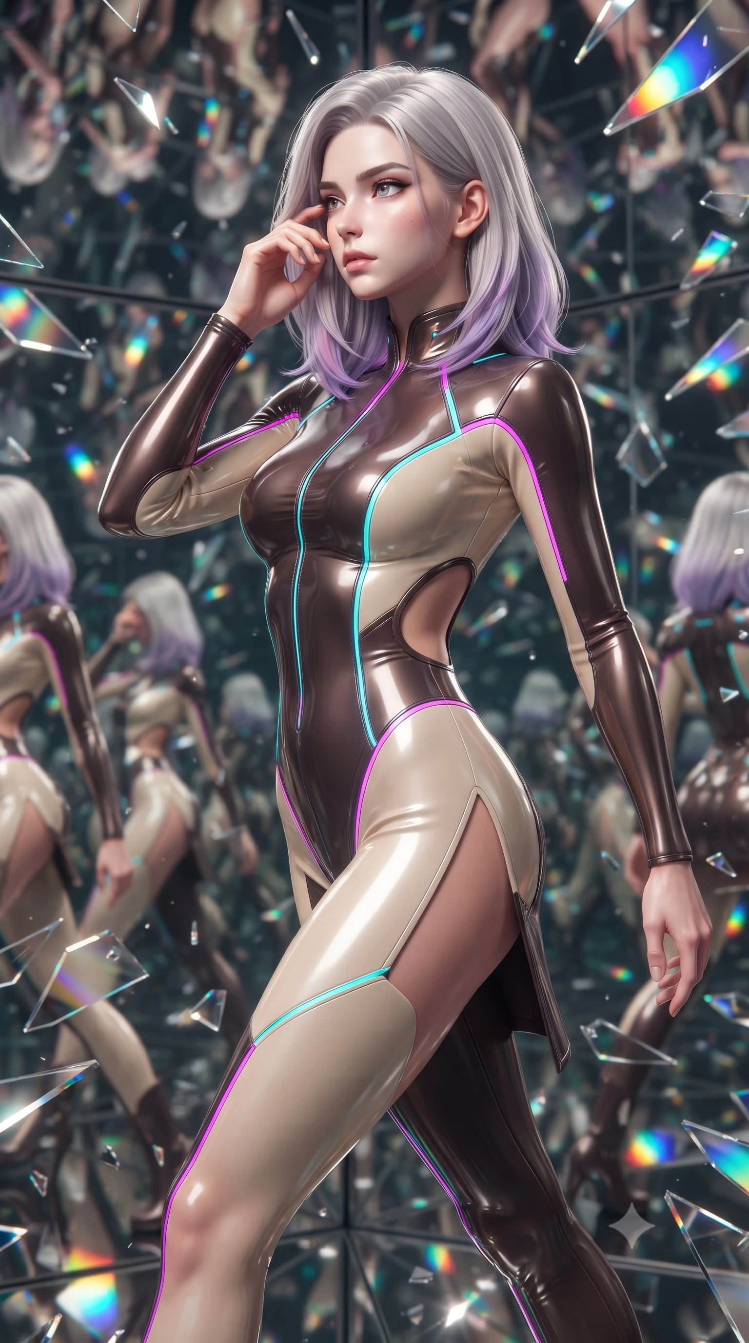 score_9, masterpiece, best quality, ultra-detailed, high-budget anime keyframe, editorial fashion photography, tasteful artistic composition, Caucasian woman. close-up cowboy shot from the waist and thighs up, the character dominates the composition, filling the frame with her large presence, background elements kept in soft focus. Resting her fingers gracefully near her temple, casting a sharp mysterious side-gaze during her stride while leaping through a kaleidoscope mirror corridor as her reflection multiplies endlessly, shattered mirror shards scattering brilliant rainbow reflections everywhere. She has an exceptionally elegant, slender, and willowy female figure with an ultra-slim waist, a gracefully sculpted slender torso, and a refined silhouette. sharp v-shaped jawline, high-bridge nose, intricate jewel-like eyes with depth, thick eyelashes, glossy lips with a natural sheen, flawlessly proportioned anatomical accuracy, natural body alignment, perfectly sculpted elegant limbs, clean dynamic posture without body distortion. wearing a skin-tight cybernetic bodysuit with glowing neon seams and side cutouts in espresso brown and warm cream, formed from sleek second-skin neoprene, finished with a sleek side slit ascending to mid-thigh, the elegant draped fit framing her graceful clavicle and slender torso. illuminated by high-contrast studio spotlights with sharp specular highlights. ultra-reflective glossy finish, specular highlights, metallic sheen, high-contrast stereoscopic depth, volumetric dynamic lighting, 2k, ultra detail, master piece, 9:16 ratio