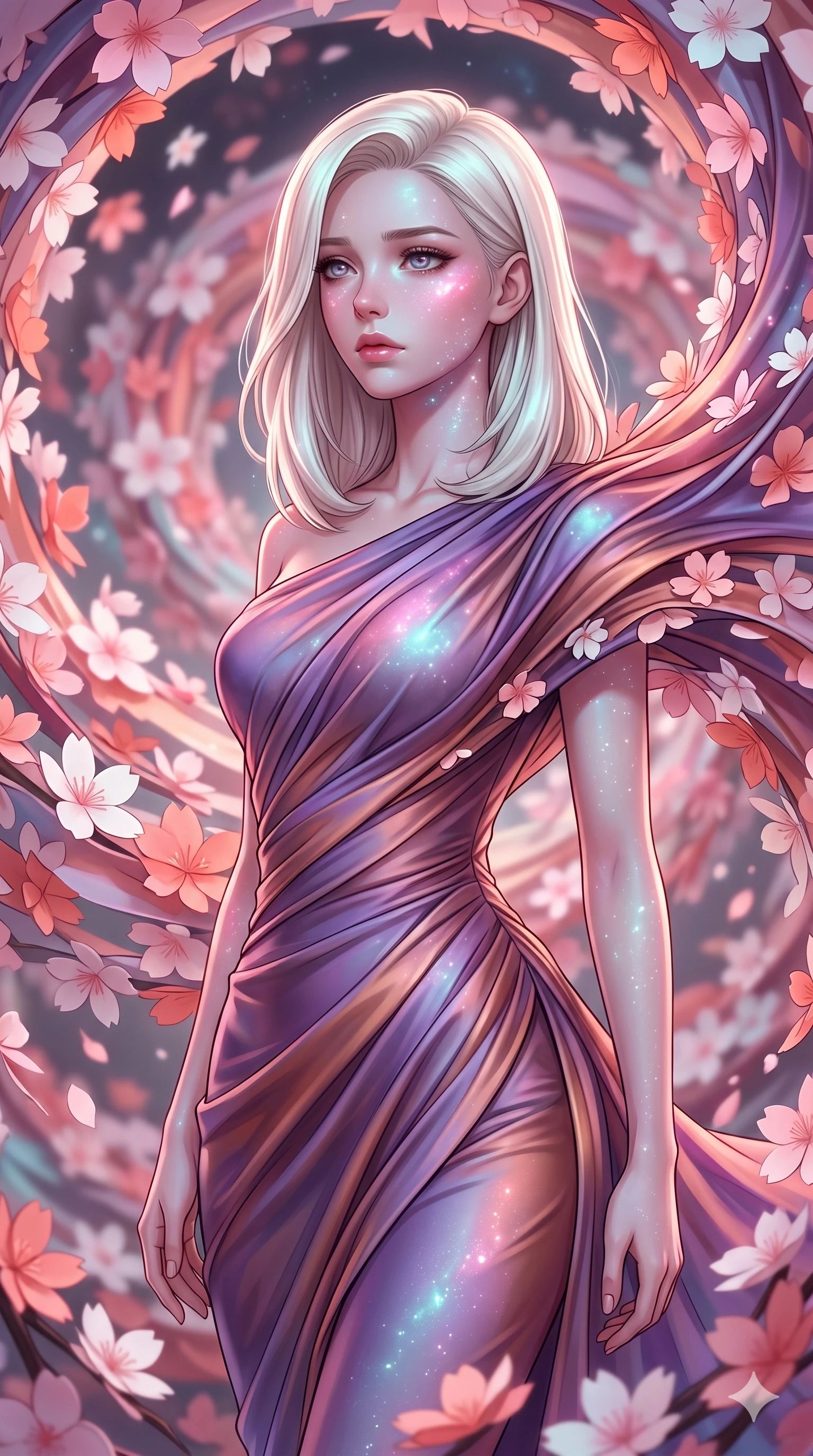 score_9, masterpiece, best quality, ultra-detailed, high-budget anime keyframe, editorial fashion photography, tasteful artistic composition, Caucasian woman, strictly human ears. close-up cowboy shot from the waist and thighs up, the character dominates the composition, filling the frame with her large presence, background elements kept in soft focus. Gazing into the distance with a wistful melancholic expression and softly glowing eyes. set against a soft-focus background of caught in a magnificent whirlwind of thousands of paper cherry blossoms that continuously unfold and refold in kaleidoscopic motion creating spiraling patterns of pink white and coral paper petals. She has an exceptionally elegant and slender, willowy female figure with an ultra-slim waist, a gracefully sculpted slender torso, and a refined slim physique. sharp v-shaped jawline, high-bridge nose, intricate jewel-like eyes with depth, thick eyelashes, glossy lips with a natural sheen. wearing a draped jersey dress in a shifting violet and copper gradient, the fluid fabric clinging to her slender hips and waist with every motion. starlight and nebula glow casting soft cosmic pink and cyan highlights on her form. 2k, ultra detail, master piece, 9:16 ratio