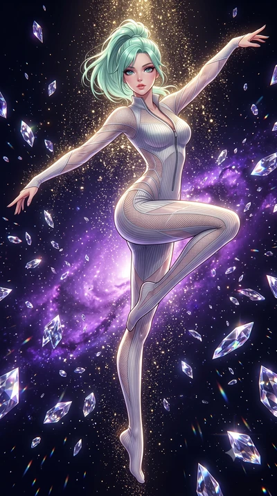 score_9, masterpiece, best quality, ultra-detailed, High-budget Anime Keyframe, East Asian woman. Dynamic full-body shot stretching the vertical silhouette to the limit. Scenario 332: showering under a cascade of glittering gold stardust inside a dar