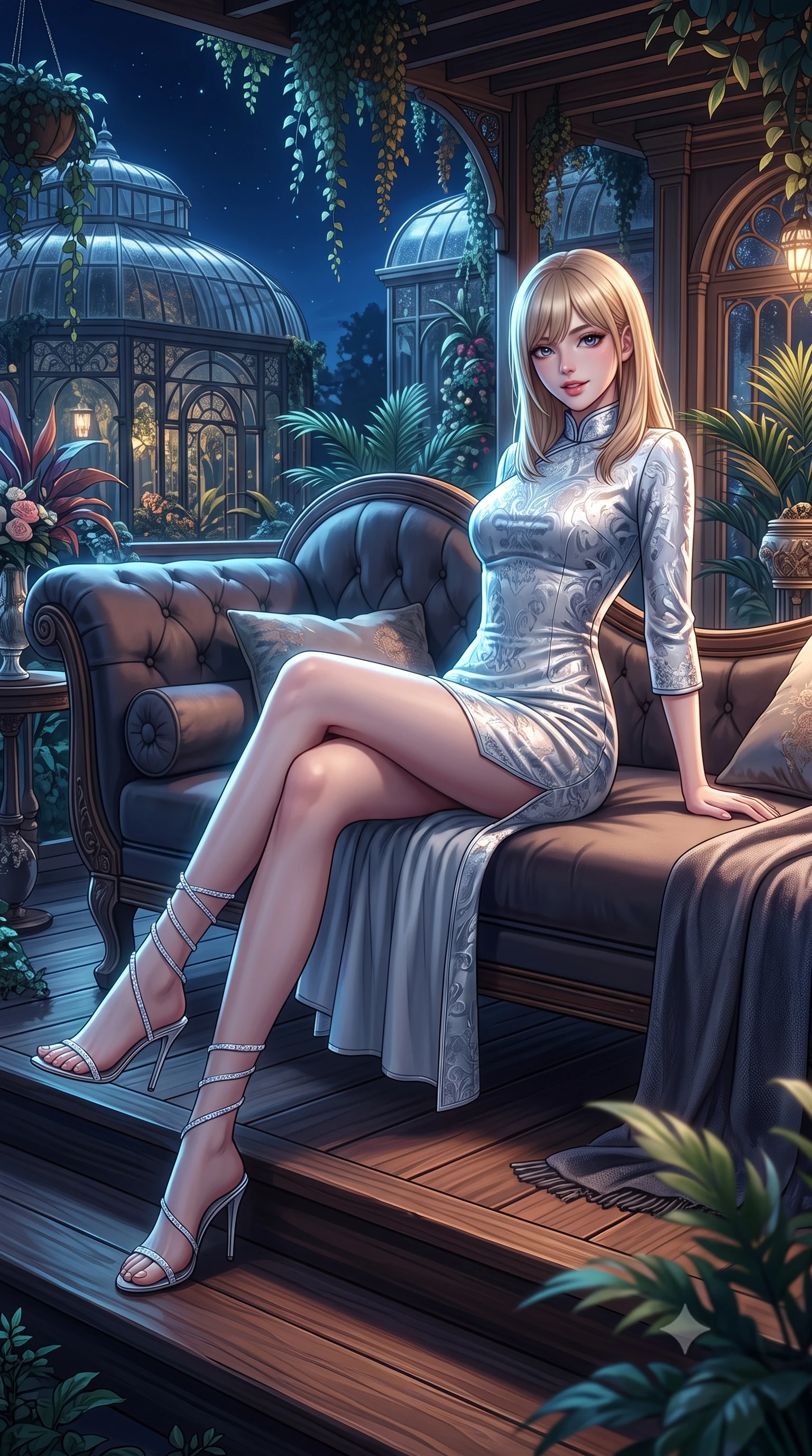 score_9, masterpiece, best quality, ultra-detailed, high-budget anime keyframe, semi-realistic 3D game render, editorial fashion photography, tasteful artistic composition, Japanese woman. low angle full-body shot from head to toe showing her feet, filling the entire 9:16 vertical frame with her statuesque presence, stretching her vertical silhouette. reclining gracefully across the plush chaise lounge with one leg extended, her sculpted silhouette and flat midriff radiating magnetic nocturnal glamour while sitting gracefully on the elevated timber rest platform with one knee bent and legs extended, flashing an enchanting, parted-lip smile toward the lens. The surrounding environment is rendered in vivid detail and crisp panoramic clarity: detailed outfit texture, silhouette lines, and botanical engineering in high resolution. She has an exceptionally tall and slender model-like 8.5-heads proportion, an ultra-slim waist, a flat toned midriff, narrow delicate ribcage, and beautifully sculpted feminine hips creating a graceful, slim hourglass silhouette without any bulky heaviness, with impossibly long slender legs. sharp v-shaped jawline, high-bridge nose, intricate jewel-like sparkling eyes with depth, thick eyelashes, glossy parted lips with a natural peach sheen, bright cheerful beaming smile with an enchanting and coquettish sensual glint, exuding both youthful cute charm and seductive allure, flawlessly proportioned anatomical accuracy, strict slender model proportions, natural body alignment, perfectly sculpted long slender limbs, ultra-slim waistline, clean dynamic posture without body distortion. wearing a refined high-collar French jacquard brocade shift dress with bracelet sleeves in pure translucent crystal white and liquid platinum, tailored from ultra-plush silk velvet with rich tactile depth and deep shadow gradients, complemented by strappy stiletto sandals with crystal ankle wraps accentuating her slender calves, the bespoke structured tailoring following the natural line of her 8.5-heads silhouette with refined elegance. illuminated by condensation reflection bounce and sharp silver-cyan rim lights sculpting her jawline, narrow waist, and curvy hips. highly saturated vibrant anime colors, detailed shading with soft gradients, rich glossy textures, high-contrast stereoscopic depth, volumetric dynamic lighting, master piece, 9:16 ratio