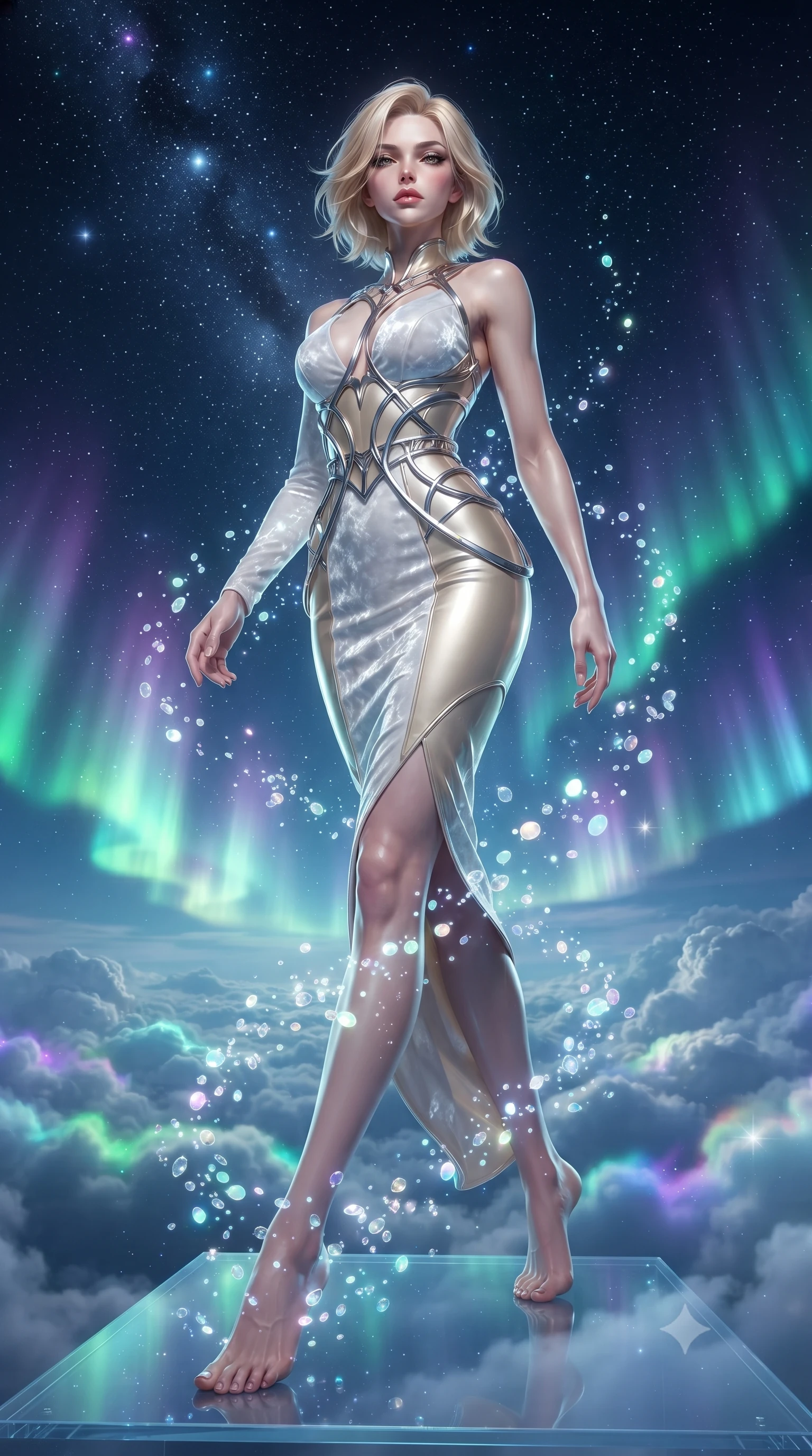 score_9, masterpiece, best quality, ultra-detailed, high-budget anime keyframe, editorial fashion photography, tasteful artistic composition, Caucasian woman. low angle full-body shot from head to toe showing her feet, filling the entire 9:16 vertical frame with her statuesque presence, stretching her vertical silhouette. interacting with floating opal particles, her long slender legs poised in motion, poised above a sea of clouds illuminated by glowing polar lights, fine starlight dust floating in the cool mountain night air. She has an absolutely perfect, statuesque 8.5-heads proportion, an exceptionally tall and slender model-like female figure with impossibly long slender legs and an ultra-slim waist. sharp v-shaped jawline, high-bridge nose, intricate jewel-like eyes with depth, thick eyelashes, glossy lips with a natural sheen. wearing sculpted form-fitting crushed white velvet column gown in champagne gold, made of polished ivory leather, highlighted by a platinum metallic harness structure, accentuating her gracefully sculpted slender torso. bathed in cold silver starlight and vibrant polar light reflections. ultra-reflective glossy finish, specular highlights, metallic sheen, high-contrast stereoscopic depth, volumetric dynamic lighting, 2k, ultra detail, master piece, 9:16 ratio