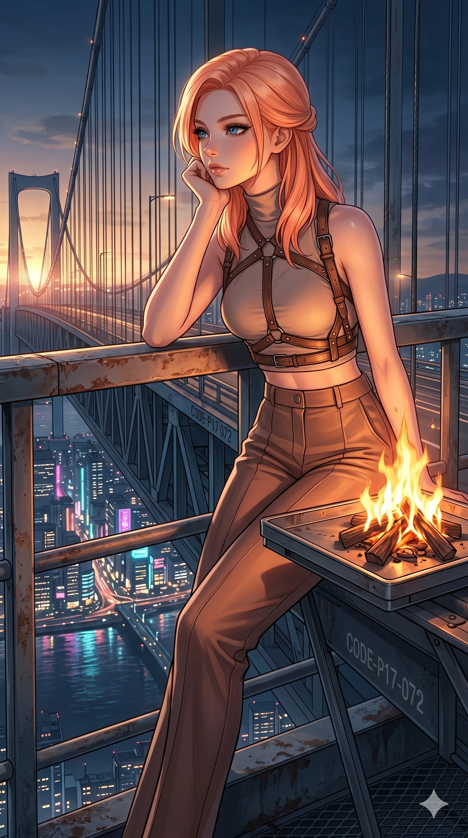 score_9, masterpiece, best quality, ultra-detailed, high-budget anime keyframe, editorial fashion photography, tasteful artistic composition, Japanese woman. cowboy shot from the thighs up, character and outfit filling the frame for maximum editorial presence. sitting near the fire, resting her chin on her hand on a steel suspension bridge overlooking a neon metropolis (Code-P17-072). She has an absolutely perfect 8-heads proportion, an exceptionally tall and slender female figure with impossibly long slender legs and an ultra-slim waist. V-shaped jawline, high-bridge nose, intricate jewel-like eyes with depth, thick eyelashes, glossy lips with a natural sheen. wearing a high-fashion leather harness over a crop top and high-waist trousers. dramatic chiaroscuro lighting from the setting sun, accentuating her statuesque height. 2k, ultra detail, master piece, 9:16 ratio