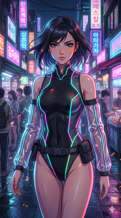 score_9, masterpiece, best quality, ultra-detailed, Set A: High-budget Anime Keyframe, Japanese woman. Upper body close-up from the thighs up, character filling the screen for maximum presence. Walking gracefully through a neon-lit Neo-Seoul market, 