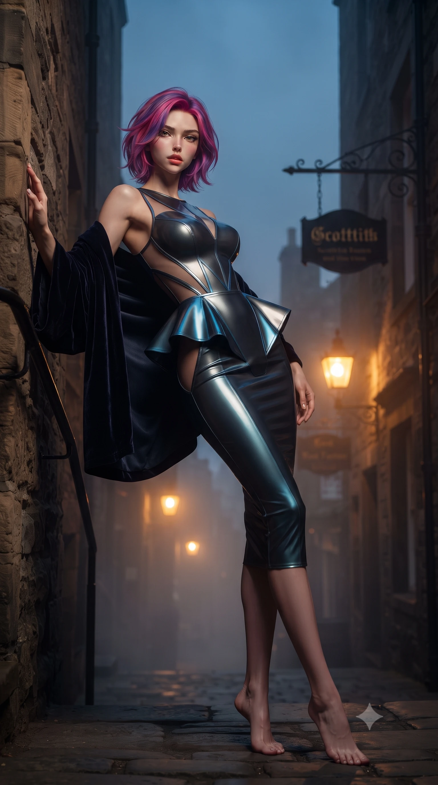 score_9, masterpiece, best quality, ultra-detailed, high-budget anime keyframe, editorial fashion photography, tasteful artistic composition, Caucasian woman. low angle full-body shot from head to toe showing her feet, filling the entire 9:16 vertical frame with her statuesque presence, stretching her vertical silhouette. leaning deep against the structural architecture with hips cocked in an unapologetically bold, seductive high-fashion stance while descending the steep, narrow cobblestone close between ancient stone tenements, arching her back with sovereign poise under glowing gas street lamps. The composition keeps background elements in soft focus with creamy bokeh. rising cobblestone mist and historic wrought-iron hanging signs softened in atmospheric Scottish shallow focus. She has an exceptionally tall and slender model-like 8.5-heads proportion, an ultra-slim waist, a flat toned midriff, narrow delicate ribcage, and beautifully sculpted feminine hips creating a graceful, slim hourglass silhouette without any bulky heaviness, with impossibly long slender legs. sharp v-shaped jawline, high-bridge nose, intricate jewel-like eyes with depth, thick eyelashes, glossy parted lips with a natural sheen, intensely captivating and seductive bedroom-eyes expression, flawlessly proportioned anatomical accuracy, strict slender model proportions, natural body alignment, perfectly sculpted long slender limbs, ultra-slim waistline, clean dynamic posture without body distortion. wearing a structural geometric peplum gown with sheer side-ribbon cutouts and form-fitting skirt in metallic gunmetal and electric azure, tailored from second-skin aerodynamic stretch vinyl with specular wet sheen, complemented by a plush velvet shawl draped loosely over her elbows, the form-contouring material adhering flawlessly to her sculpted flat midriff and slender torso, emphasizing her long leg lines and perfectly proportioned willowy build. bathed in warm flickering amber gaslight contrasting with the moody deep slate blue evening sky. ultra-reflective glossy finish, specular highlights, rich textural contrasts, high-contrast stereoscopic depth, volumetric dynamic lighting, 2k, ultra detail, master piece, 9:16 ratio