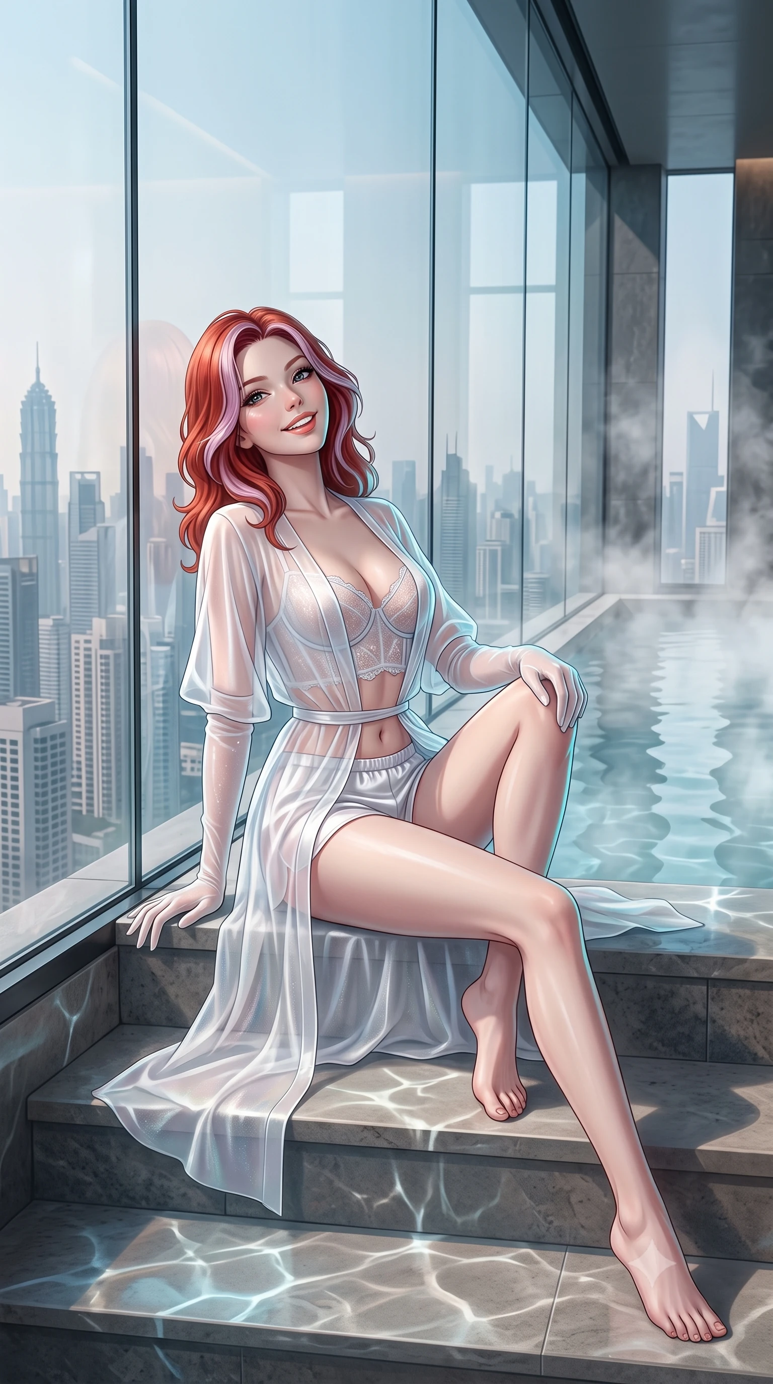 score_9, masterpiece, best quality, ultra-detailed, high-budget anime keyframe, semi-realistic 3D game render, editorial fashion photography, tasteful artistic composition, Caucasian woman. low angle full-body shot from head to toe showing her feet, filling the entire 9:16 vertical frame with her statuesque presence, stretching her vertical silhouette. sitting poised on the stone steps with one knee bent, arching her spine with supermodel elegance as she glances upward through thick eyelashes while leaning against the frameless panoramic glass wall with hips cocked back, casting an alluring bedroom-gaze over the endless sea of Shanghai skyscrapers. The background shows a soft-focus rising thermal bath steam softened in ultra-futuristic skyscraper sanctuary shallow focus. She has an exceptionally tall and slender model-like 8.5-heads proportion, an ultra-slim waist, a flat toned midriff, narrow delicate ribcage, and beautifully sculpted feminine hips creating a graceful, slim hourglass silhouette without any bulky heaviness, with impossibly long slender legs. sharp v-shaped jawline, high-bridge nose, intricate jewel-like sparkling eyes with depth, thick eyelashes, glossy parted lips with a natural peach sheen, bright cheerful beaming smile with an enchanting and coquettish sensual glint, exuding both youthful cute charm and seductive allure, flawlessly proportioned anatomical accuracy, strict slender model proportions, natural body alignment, perfectly sculpted long slender limbs, ultra-slim waistline, clean dynamic posture without body distortion. wearing a delicate translucent silk organza wrap robe worn loose over a sheer lace demi-bustier and satin tap pants in pure translucent crystal white and iridescent opal, woven from stretch metallic lurex jersey casting radiant starlight glints across her curves, complemented by sheer opera-length evening gloves tracing her slender arms, the form-contouring silhouette accentuating her sculpted flat midriff, narrow delicate ribcage, and gracefully curvy hips with intoxicating allure. illuminated by tub water caustics bounce and sharp platinum-cyan rim lights sculpting her jawline, narrow waist, and curvy hips. highly saturated vibrant anime colors, detailed shading with soft gradients, rich glossy textures, high-contrast stereoscopic depth, volumetric dynamic lighting, master piece, 9:16 ratio