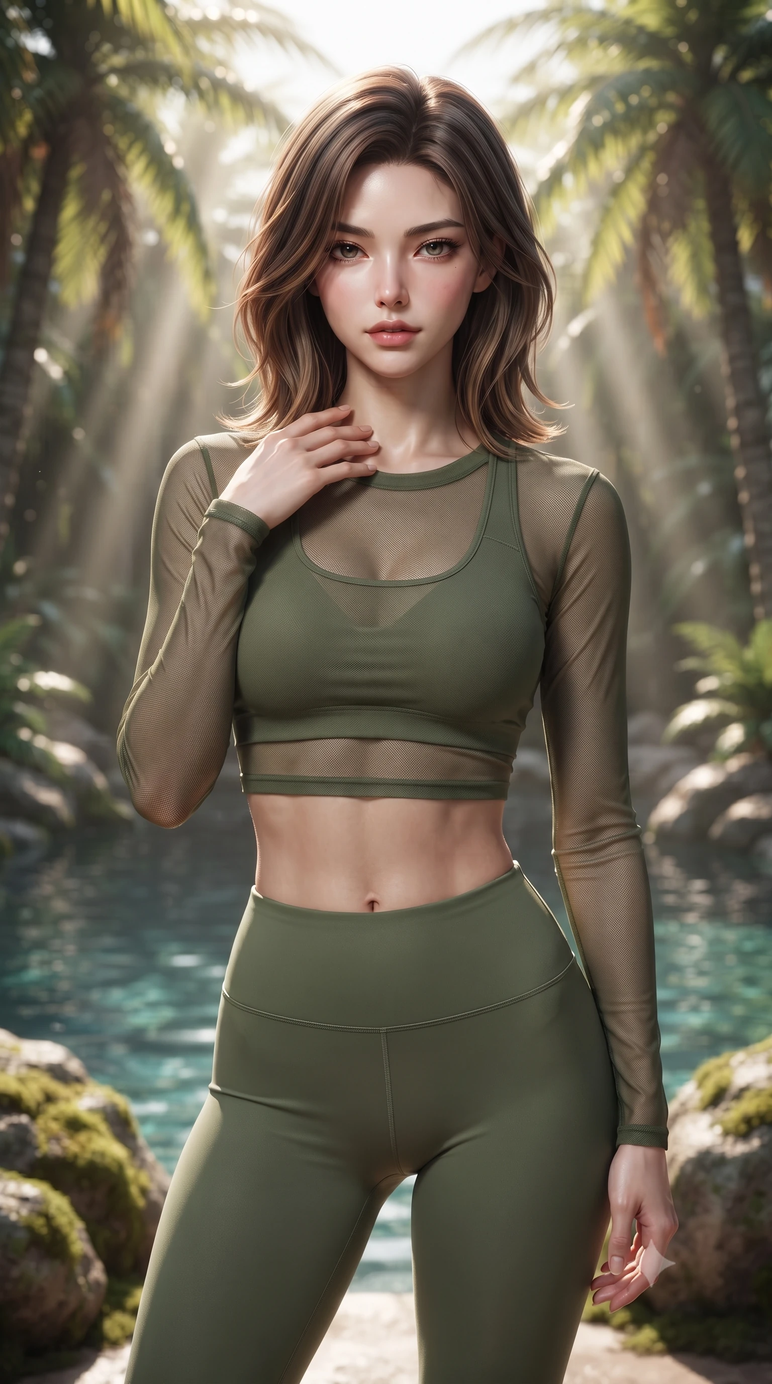 score_9, masterpiece, best quality, ultra-detailed, high-budget anime keyframe, editorial fashion photography, tasteful artistic composition, Korean woman. close-up cowboy shot from the waist and thighs up, the character dominates the composition, filling the frame with her large presence, background elements kept in soft focus. standing with one hand resting on her collarbone, looking at the viewer with bedroom-eyes the background shows a soft-focus a private desert oasis spring pool surrounded by tall palms and mossy rocks. She has an exceptionally elegant, slender, and willowy female figure with an ultra-slim waist, a gracefully sculpted slender torso, and a refined silhouette. sharp v-shaped jawline, high-bridge nose, intricate jewel-like eyes with depth, thick eyelashes, glossy lips with a natural sheen. wearing a slim-fit sheer mesh long-sleeve crop top in olive green, worn over a matching sports bra and leggings. sun rays slicing through the palm fronds, creating dramatic volumetric shafts of light. ultra-reflective glossy finish, specular highlights, metallic sheen, high-contrast stereoscopic depth, volumetric dynamic lighting, 2k, ultra detail, master piece, 9:16 ratio