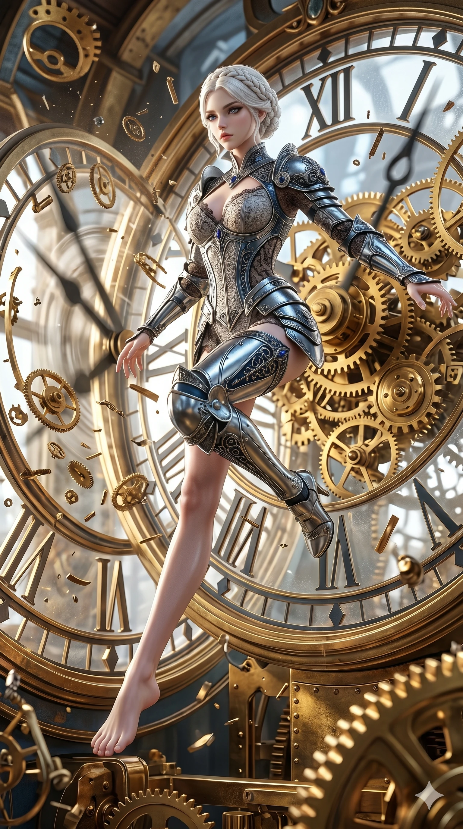 score_9, masterpiece, best quality, ultra-detailed, Set A: Photorealistic 8k CG, Japanese woman. Low angle cowboy shot filling the entire 9:16 frame with her statuesque presence. Leaping through a giant clock face as the hands spin rapidly and gears fly. She has an absolutely perfect 8-heads proportion, an exceptionally tall and slender female figure with elegant long slender legs and an slender waist. Sharp v-shaped jawline, high-bridge nose, intricate jewel-like eyes with depth, thick eyelashes, glossy lips. Wearing a Dark Fantasy outfit: lace corset gown with silver armor and a sophisticated v-neckline. Background is a bright and colorful steampunk interior with golden gears and flying metal parts. 2k, ultra detail, master piece, 9:16 ratio