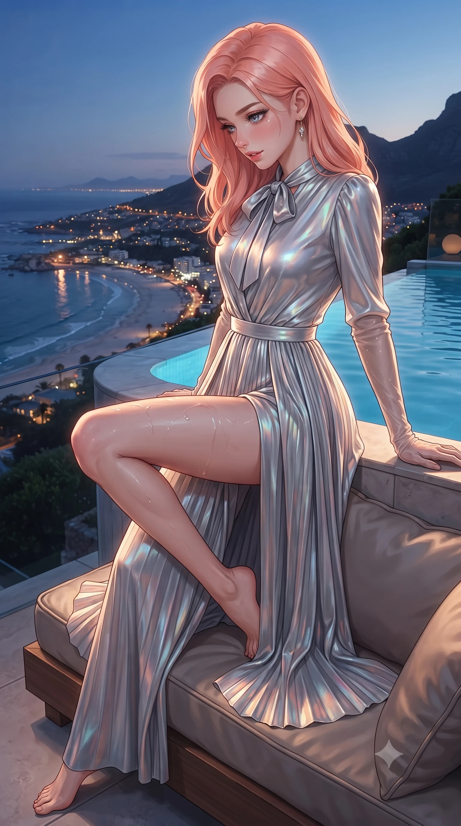 score_9, masterpiece, best quality, ultra-detailed, high-budget anime keyframe, editorial fashion photography, tasteful artistic composition, Japanese woman. close-up cowboy shot from the waist and thighs up, the character dominates the composition, filling the frame with her large presence. perched sideways on the lounge seat, one knee drawn up to showcase her slender leg line while her arched back accentuates her feminine hip curve while leaning against the infinity pool edge with hips cocked back, looking down at the crescent beach and twinkling lights of Camps Bay with smoldering bedroom-eyes. The surrounding environment is rendered in vivid detail and crisp panoramic clarity: detailed outfit texture, wet cling or bodycon fit, and clifftop engineering in razor-sharp precision. She has an exceptionally elegant, slender, and willowy female figure with an ultra-slim waist, flat toned midriff, narrow ribcage, and sculpted feminine hips creating an alluring, slim hourglass silhouette without bulk. sharp v-shaped jawline, high-bridge nose, intricate jewel-like sparkling eyes with depth, thick eyelashes, glossy parted lips with a natural peach sheen, bright cheerful beaming smile with an enchanting and coquettish sensual glint, exuding both youthful cute charm and seductive allure, flawlessly proportioned anatomical accuracy, strict slender model proportions, natural body alignment, perfectly sculpted long slender limbs, ultra-slim waistline, clean dynamic posture without body distortion. wearing a refined long-sleeve silk georgette palazzo jumpsuit with pleated overlay skirt and modest neck bow in liquid molten silver and iridescent mother-of-pearl, tailored from ultra-plush silk velvet with rich tactile depth and deep shadow gradients, complemented by sheer opera-length evening gloves tracing her slender arms, the bespoke structured tailoring following the natural line of her 8.5-heads silhouette with refined elegance. illuminated by water surface specular bounce and sharp gold-cyan dual rim lights defining her razor-sharp jawline, narrow waist, and curvy hips. ultra-reflective glossy finish, specular highlights, rich textural contrasts, high-contrast stereoscopic depth, volumetric dynamic lighting, 2k, ultra detail, master piece, 9:16 ratio