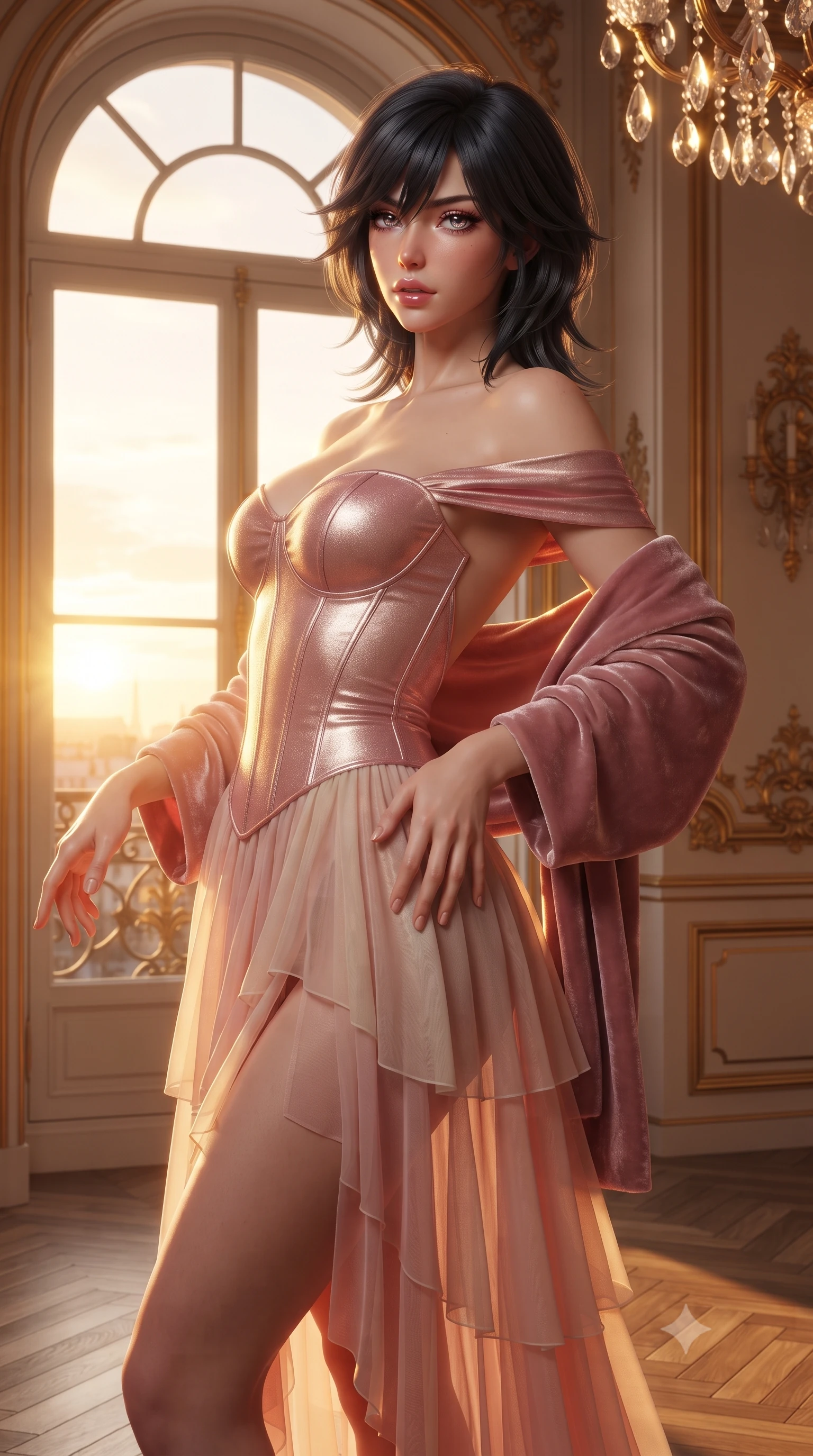 score_9, masterpiece, best quality, ultra-detailed, high-budget anime keyframe, editorial fashion photography, tasteful artistic composition, Caucasian woman. close-up cowboy shot from the waist and thighs up, the character dominates the composition, filling the frame with her large presence. arching her spine backward with effortless dancer poise, one hand sliding along her hip line as directional light carves specular highlights along her silhouette while standing poised beside a towering arched window, twisting her upper body in an alluring S-curve as evening breeze flutters her sweeping gown. The surrounding environment is rendered in vivid detail and crisp panoramic clarity. sharp chevron parquet oak grain, gilded acanthus leaf carvings, and cut-crystal chandelier facets in deep focus. She has an exceptionally elegant, slender, and willowy female figure with an ultra-slim waist, flat toned midriff, narrow ribcage, and sculpted feminine hips creating an alluring, slim hourglass silhouette without bulk. sharp v-shaped jawline, high-bridge nose, intricate jewel-like eyes with depth, thick eyelashes, glossy parted lips with a natural sheen, intensely captivating and seductive bedroom-eyes expression, flawlessly proportioned anatomical accuracy, strict slender model proportions, natural body alignment, perfectly sculpted long slender limbs, ultra-slim waistline, clean dynamic posture without body distortion. wearing an off-shoulder French court corset bodice dress paired with a tiered translucent chiffon slit skirt in sakura blossom pink and warm ivory, crafted from luxurious metallic lamé that shifts radiance with every step, complemented by a plush velvet shawl draped loosely over her elbows, the precision-cut side openings and low-back scoop framing her graceful spine and the sensual sweep of her slim, toned hips. bathed in dramatic golden hour sunset backlighting through towering French arched windows. ultra-reflective glossy finish, specular highlights, rich textural contrasts, high-contrast stereoscopic depth, volumetric dynamic lighting, 2k, ultra detail, master piece, 9:16 ratio