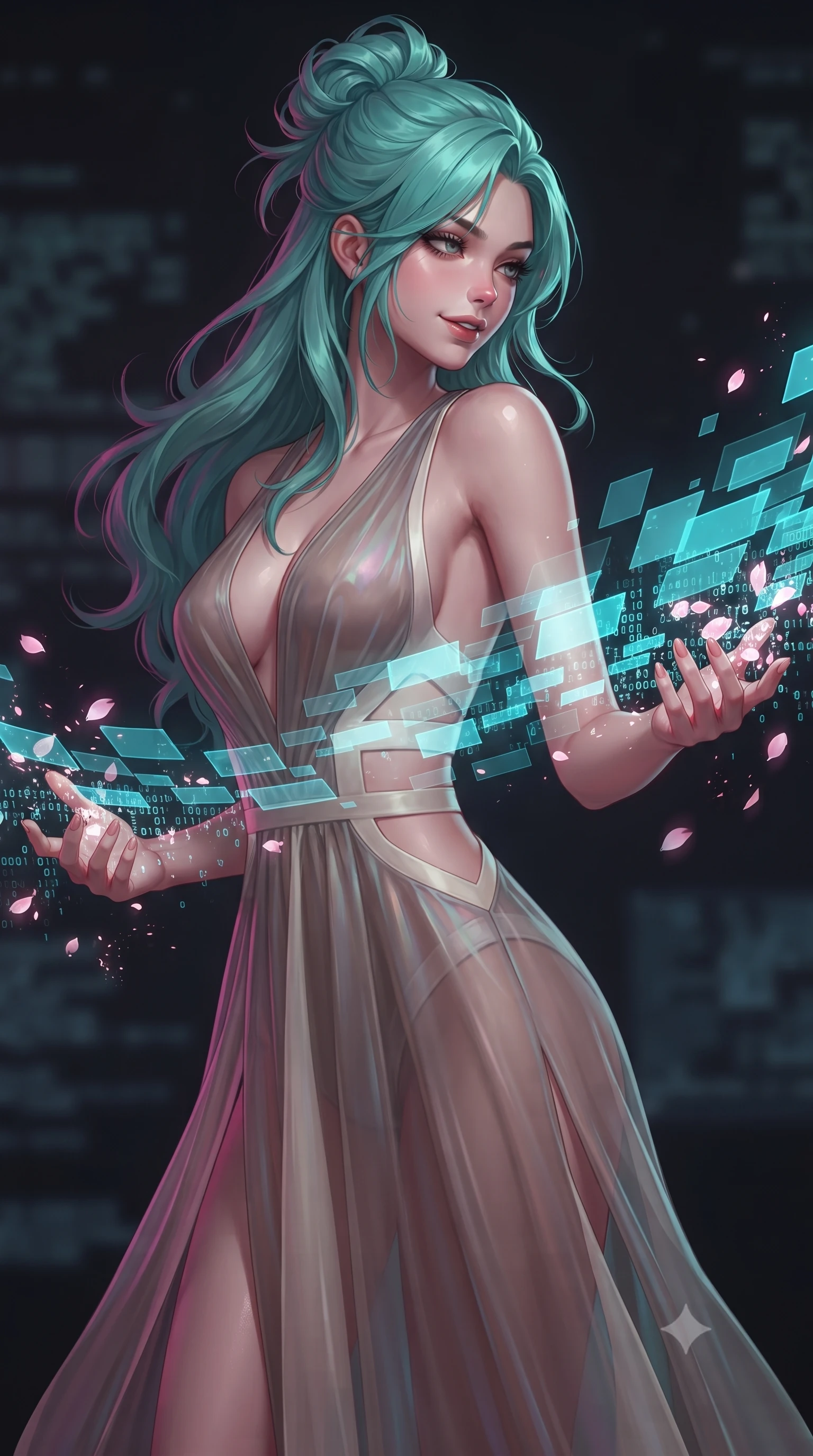 score_9, masterpiece, best quality, ultra-detailed, high-budget anime keyframe, editorial fashion photography, tasteful artistic composition, Japanese woman. close-up cowboy shot from the waist and thighs up, the character dominates the composition, filling the frame with her large presence, background elements kept in soft focus. Glancing sidelong over her shoulder with a smoldering half-smile and heavy lashes manipulating floating translucent cyan hologram data shards in a void, floating digital sakura petals flickering into binary code sparks. She has an exceptionally elegant, slender, and willowy female figure with an ultra-slim waist, a gracefully sculpted slender torso, and a refined silhouette. sharp v-shaped jawline, high-bridge nose, intricate jewel-like eyes with depth, thick eyelashes, glossy lips with a natural sheen. wearing a translucent iridescent chiffon gown with a plunging neckline and open back in muted taupe and soft ivory, formed from sleek second-skin neoprene, featuring clean architectural cutouts along her slender torso, the tailored fabric tightly following every curve of her athletic build. lit by bright volumetric laser beams and soft specular highlights. highly saturated vibrant anime colors, detailed shading with soft gradients, rich glossy textures, high-contrast stereoscopic depth, volumetric dynamic lighting, master piece, 9:16 ratio