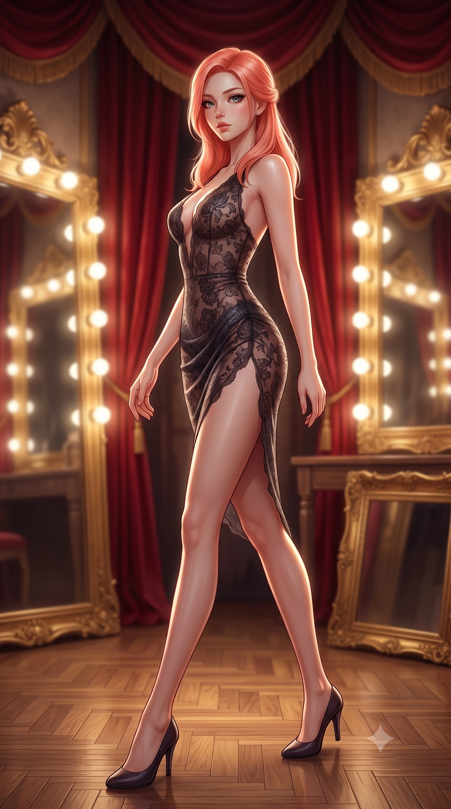 score_9, masterpiece, best quality, ultra-detailed, high-budget anime keyframe, editorial fashion photography, tasteful artistic composition, Japanese woman. low angle full-body shot from head to toe showing her feet, filling the entire 9:16 vertical frame with her statuesque presence, stretching her vertical silhouette. stepping gracefully while looking back over her shoulder, her dress draped tightly to reveal her silhouette the background shows a soft-focus an old theater dressing room with heavy red velvet curtains and gold mirrors. She has an absolutely perfect, statuesque 8.5-heads proportion, an exceptionally tall and slender model-like female figure with impossibly long slender legs and an ultra-slim waist. sharp v-shaped jawline, high-bridge nose, intricate jewel-like eyes with depth, thick eyelashes, glossy lips with a natural sheen. wearing a body-hugging semi-opaque dark lace dress with a plunging neckline and high-cut leg line. soft vanity lighting reflecting off the mirrors to create a glowing frame. ultra-reflective glossy finish, specular highlights, metallic sheen, high-contrast stereoscopic depth, volumetric dynamic lighting, 2k, ultra detail, master piece, 9:16 ratio