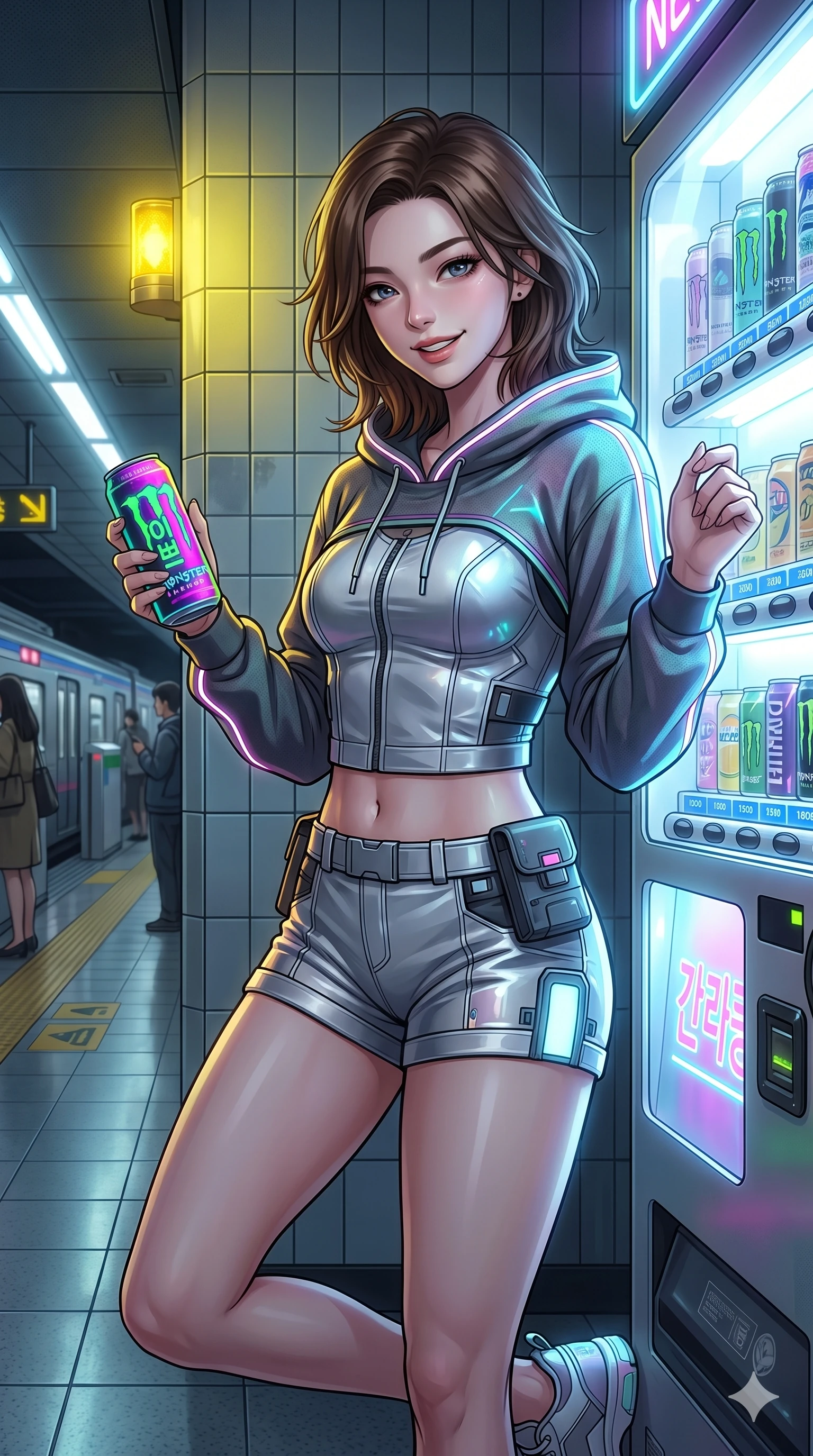 score_9, masterpiece, best quality, ultra-detailed, high-budget anime keyframe, Korean woman. Upper body close-up from the thighs up, character filling the screen for maximum presence. Standing next to a glowing vending machine in a subway station, holding a neon-colored can, looking towards the camera with a playful grin. She is wearing a cropped tech-hoodie over a structured silver vest and structured mini-shorts. The scene is lit by the cool white light of the vending machine and a yellow warning light on the wall. 2k, ultra detail, master piece, 9:16 ratio