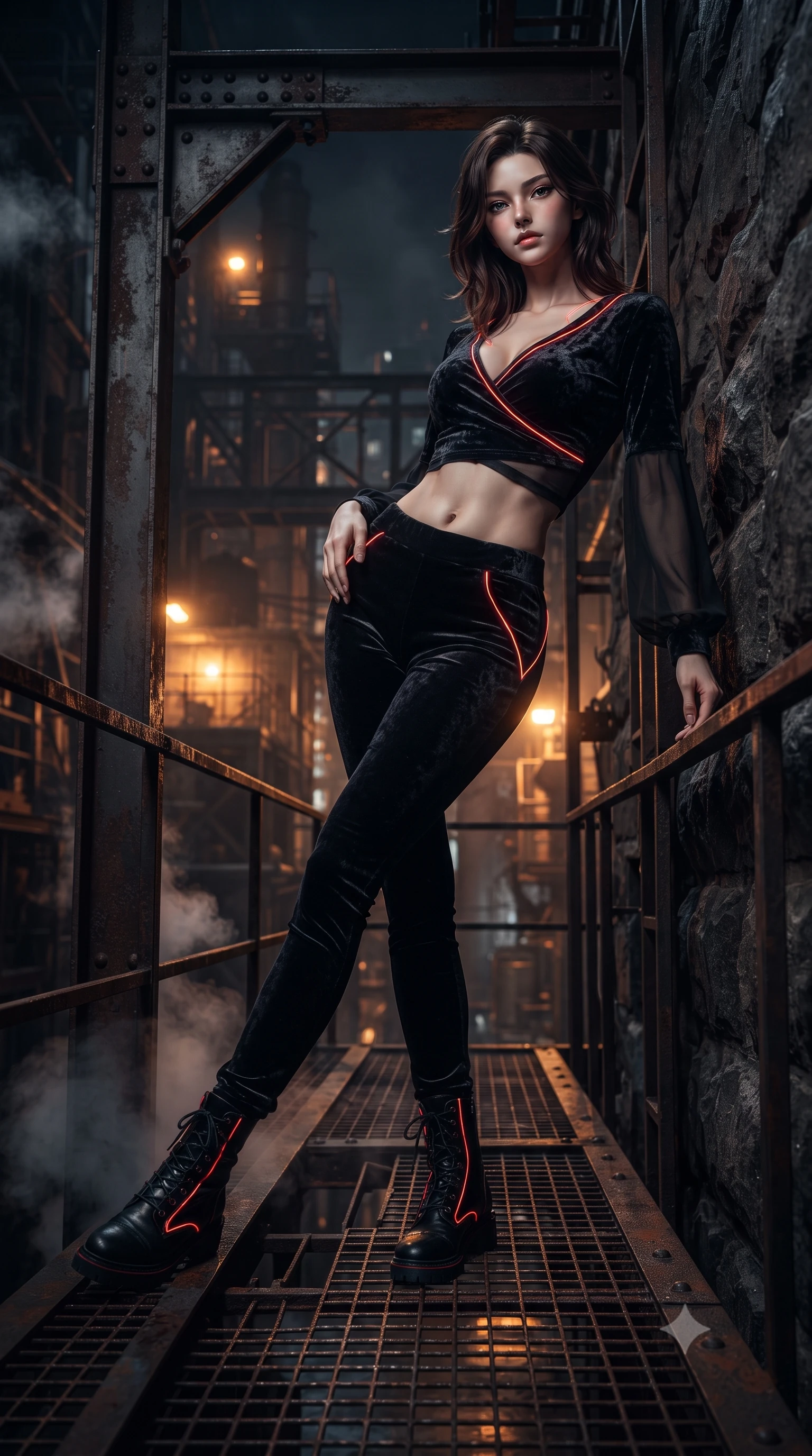 score_9, masterpiece, best quality, ultra-detailed, high-budget anime keyframe, editorial fashion photography, tasteful artistic composition, Korean woman. low angle full-body shot from head to toe showing her feet, filling the entire 9:16 vertical frame with her statuesque presence, stretching her vertical silhouette. arching her back against the dark stone wall with provocative poise, extending one long slender leg to accentuate her razor-sharp statuesque silhouette while stepping along a narrow steel catwalk with hips swaying with fierce, provocative authority. The surrounding environment is rendered in vivid detail and crisp panoramic clarity. detailed rusted iron grating textures, riveted steel beam joints, and steam condensation beads in deep focus. She has an absolutely perfect, statuesque 8.5-heads proportion, an exceptionally tall and slender model-like female figure with impossibly long slender legs, a toned flat midriff, and an ultra-slim waist. sharp v-shaped jawline, high-bridge nose, intricate jewel-like eyes with depth, thick eyelashes, glossy lips with a natural sheen, flawlessly proportioned anatomical accuracy, strict slender model proportions, natural body alignment, perfectly sculpted long slender limbs, ultra-slim waistline, clean dynamic posture without body distortion. wearing a shortened dark gothic-fusion wrap top with transparent chiffon panels, a deep crossover neckline, and a metallic waist sash in shadowy asphalt black and subtle neon red edges, made of rich crushed velvet that catches deep directional light with soft gradients, accented with glowing fiber-optic seams tracing her collarbones and hip curves in the gloom, the sleek second-skin cut tightly hugging her graceful clavicle, narrow waist, and feminine curves with athletic precision. bathed in high-contrast amber-orange hazard backlighting and cool shadow fill. ultra-reflective glossy finish, specular highlights, dark metallic sheen, deep chiaroscuro contrast, volumetric dynamic shadow lighting, 2k, ultra detail, master piece, 9:16 ratio