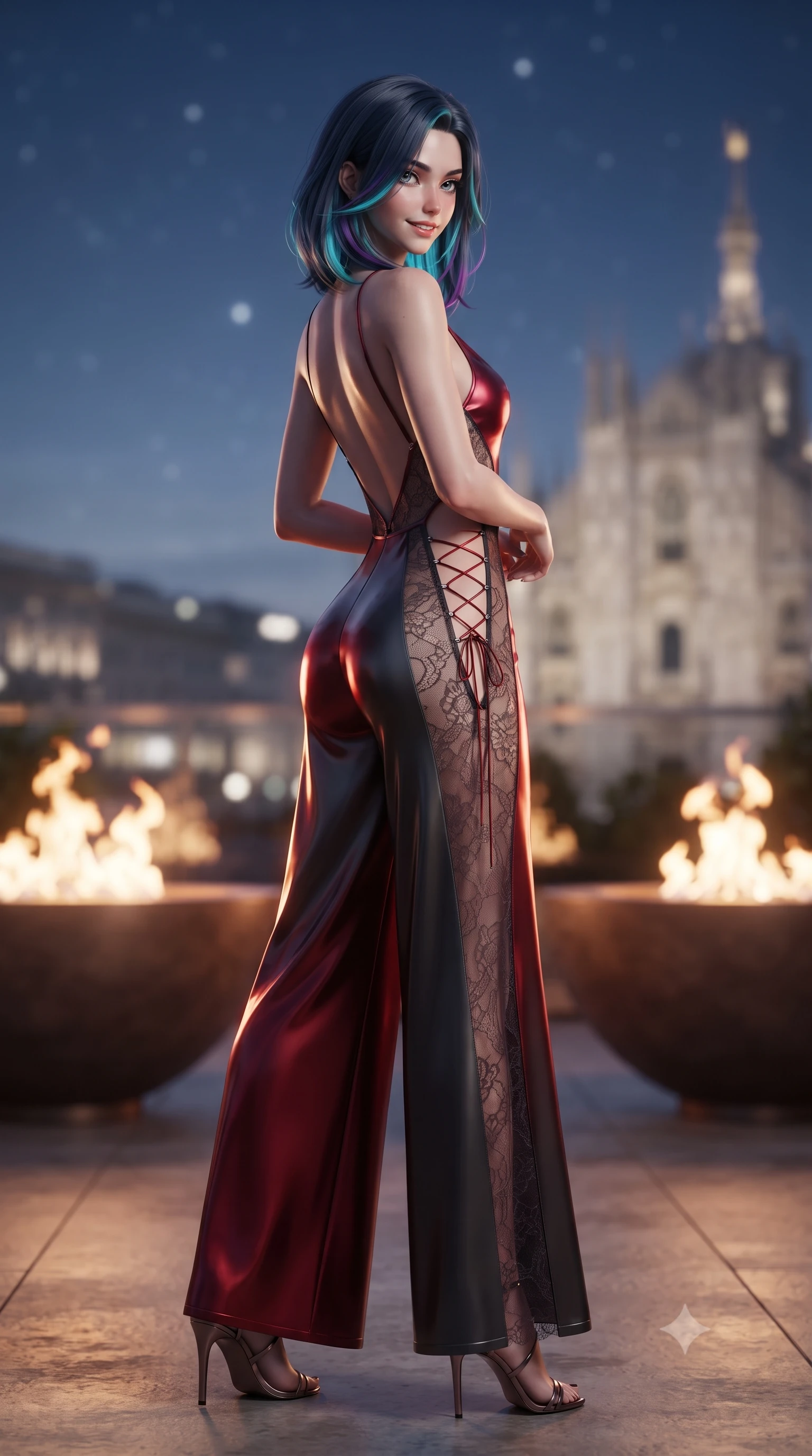 score_9, masterpiece, best quality, ultra-detailed, high-budget anime keyframe, editorial fashion photography, tasteful artistic composition, Caucasian woman. low angle full-body shot from head to toe showing her feet, filling the entire 9:16 vertical frame with her statuesque presence, stretching her vertical silhouette. executing a slow, graceful pivot turn as her skirt sways around her slender legs, glancing back with an enchanting, teasing sensual expression while twisting her slender torso in an alluring contrapposto stance, dancing bronze fire-table flames carving sharp highlights across her curves. The background shows a soft-focus bronze fire bowl flames softened in high-fashion metropolitan terrace shallow focus. She has an absolutely perfect, statuesque 8.5-heads proportion, an exceptionally tall and slender model-like female figure with impossibly long slender legs, an ultra-slim waist, a flat toned midriff, narrow delicate ribcage, and beautifully sculpted feminine hips creating a graceful, slim hourglass silhouette without any bulky heaviness. sharp v-shaped jawline, high-bridge nose, sparkling eyes with hypnotic seductive depth, thick curled eyelashes, glossy parted lips with a natural dewy peach sheen, alluring bedroom-eyes with an enchanting coquettish smile, exuding magnetic siren charisma and sophisticated glamour, flawlessly proportioned anatomical accuracy, strict slender model proportions, natural body alignment, perfectly sculpted long slender limbs, ultra-slim waistline, clean dynamic posture without body distortion. wearing a backless plunge-front silk satin jumpsuit with fluid wide-leg silhouette and side hip cutouts in rich cherry lacquer and smoky charcoal, made of delicate semi-sheer French Chantilly lace with intricate eyelash edges, featuring fine criss-cross lace-up side ties revealing tantalizing glimpses of her hip curve, the precision-cut side openings and low-back scoop framing her graceful spine and the sensual sweep of her slim, toned hips. bathed in the warm dancing glow of the bronze fire table paired with cool starlight and Duomo floodlights. ultra-reflective glossy finish, specular highlights, rich textural contrasts, high-contrast stereoscopic depth, volumetric dynamic lighting, 2k, ultra detail, master piece, 9:16 ratio