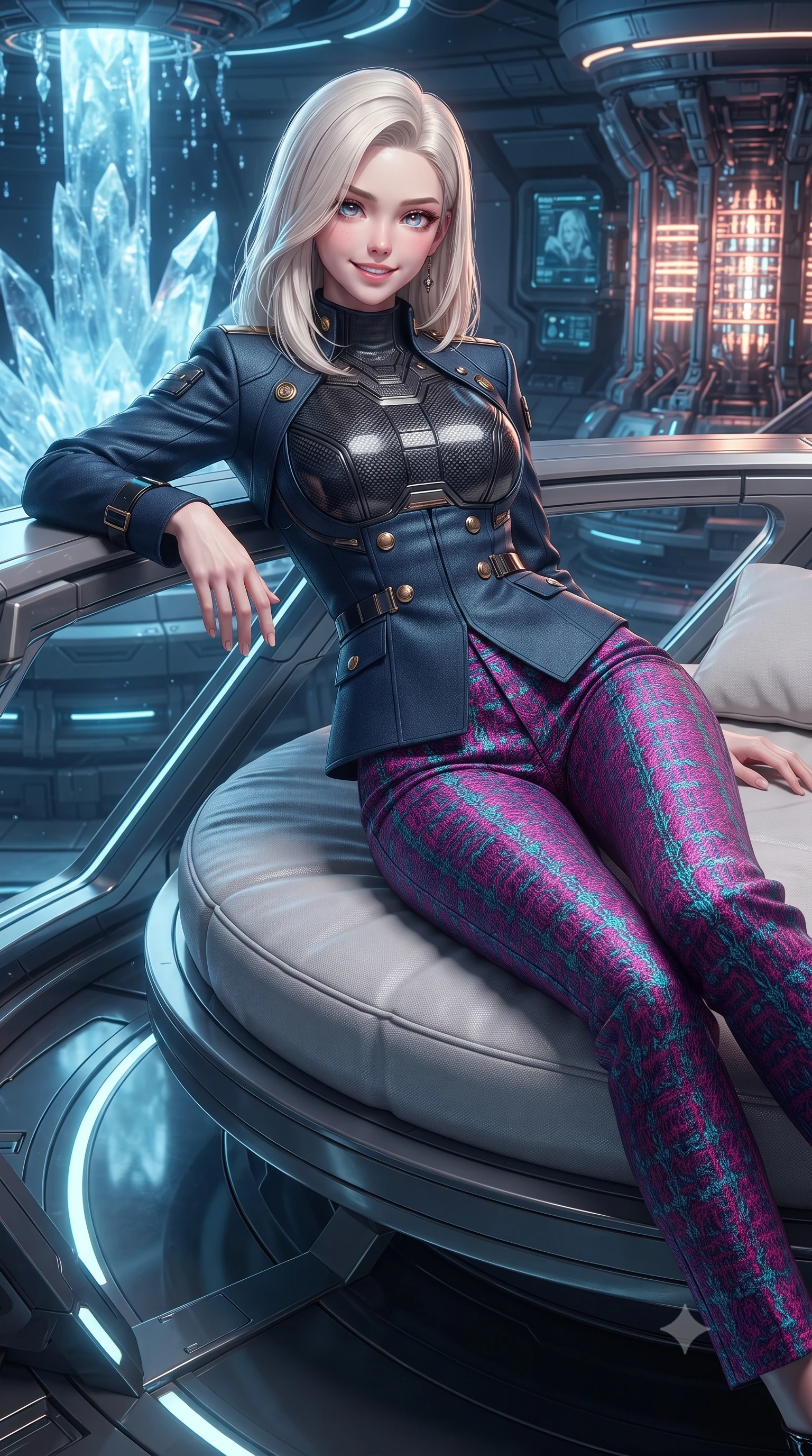 score_9, masterpiece, best quality, ultra-detailed, high-budget anime keyframe, editorial fashion photography, tasteful artistic composition, Caucasian woman. close-up cowboy shot from the waist and thighs up, the character dominates the composition, filling the frame with her large presence. leaning back against the balustrade with relaxed seductive grace, head tilted back slightly while casting a hypnotic, heavy-lidded gaze while lounging gracefully across the circular daybed propped on one elbow with legs extended, displaying her long slender limbs and statuesque hourglass silhouette against the ice geyser. The surrounding environment is rendered in vivid detail and crisp panoramic clarity: sharp cantilevered composite deck beams, crystalline ice geyser facets in vacuum, and high-tech heating elements in deep focus. She has an exceptionally elegant, slender, and willowy female figure with an ultra-slim waist, flat toned midriff, narrow ribcage, and sculpted feminine hips creating an alluring, slim hourglass silhouette without bulk. sharp v-shaped jawline, high-bridge nose, intricate jewel-like sparkling eyes with depth, thick eyelashes, glossy parted lips with a natural peach sheen, bright cheerful beaming smile with an enchanting and coquettish sensual glint, exuding both youthful cute charm and seductive allure, flawlessly proportioned anatomical accuracy, strict slender model proportions, natural body alignment, perfectly sculpted long slender limbs, ultra-slim waistline, clean dynamic posture without body distortion. wearing a structured cyber-infantry dress uniform jacket with carbon-fiber chest plating and brass buttons over a mock-neck top and tailored wool trousers in Kowloon neon magenta and electric teal, woven from structured carbon-fiber jacquard with rich textural depth, finished with sleek magnetic buckle closures fluttering in the breeze, the impeccably tailored cut draping gracefully along her slender figure with aristocratic poise. illuminated by crystal plume reflection bounce and sharp diamond-white rim lights defining her jawline, narrow waist, and curvy hips. ultra-reflective glossy finish, specular highlights, rich textural contrasts, high-contrast stereoscopic depth, volumetric dynamic lighting, 2k, ultra detail, master piece, 9:16 ratio