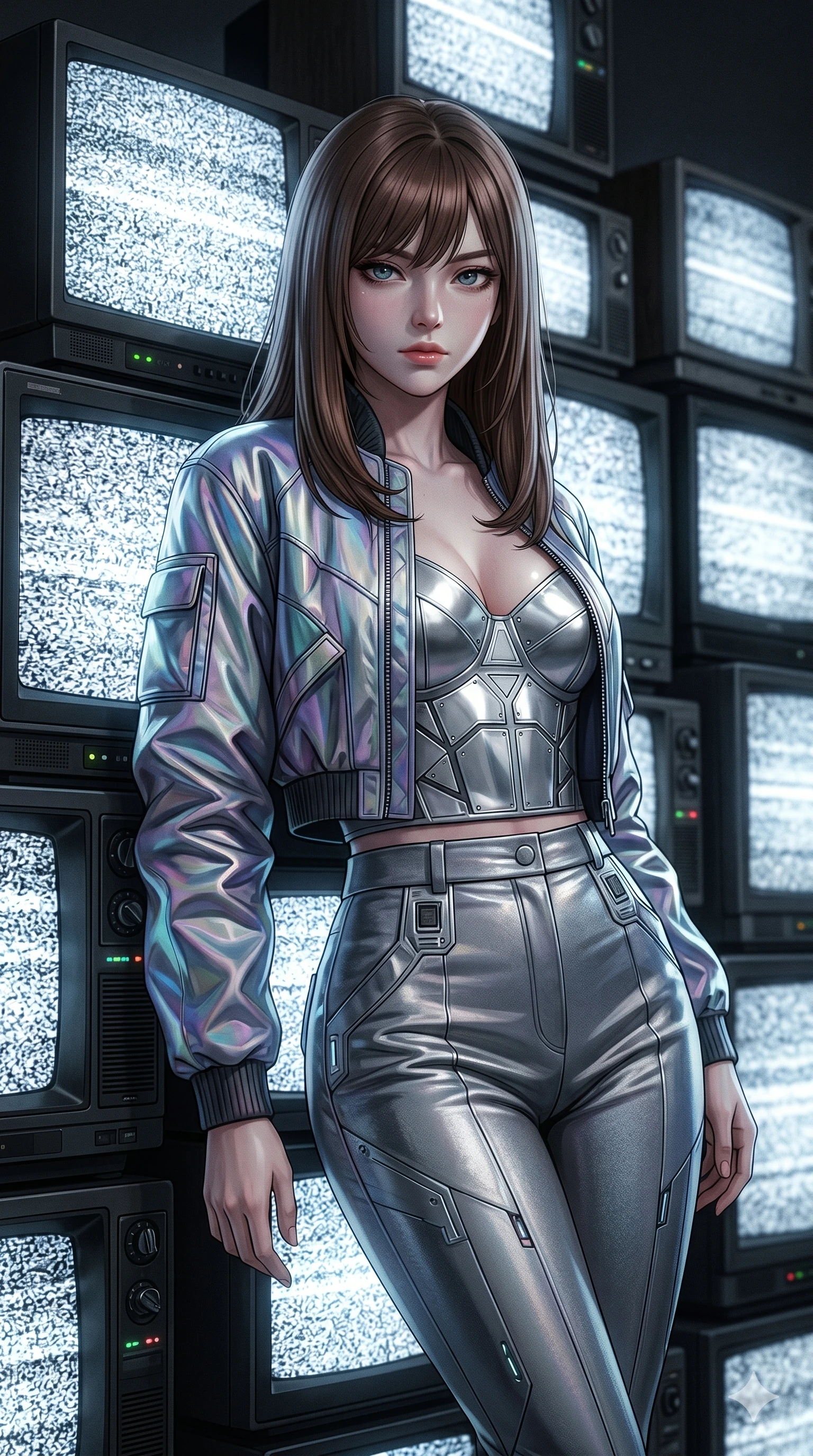 score_9, masterpiece, best quality, ultra-detailed, high-budget anime keyframe, editorial fashion photography, tasteful artistic composition, Korean woman. Upper body close-up from the thighs up, character filling the screen for maximum presence. Standing next to a retro crt tv stack showing static, leaning against the TV stack, looking towards the camera with a cool expression. She is wearing a cropped retro-future bomber jacket, a structured silver top, and pants. The scene is lit by the flickering white static light of the TV screens. 2k, ultra detail, master piece, 9:16 ratio