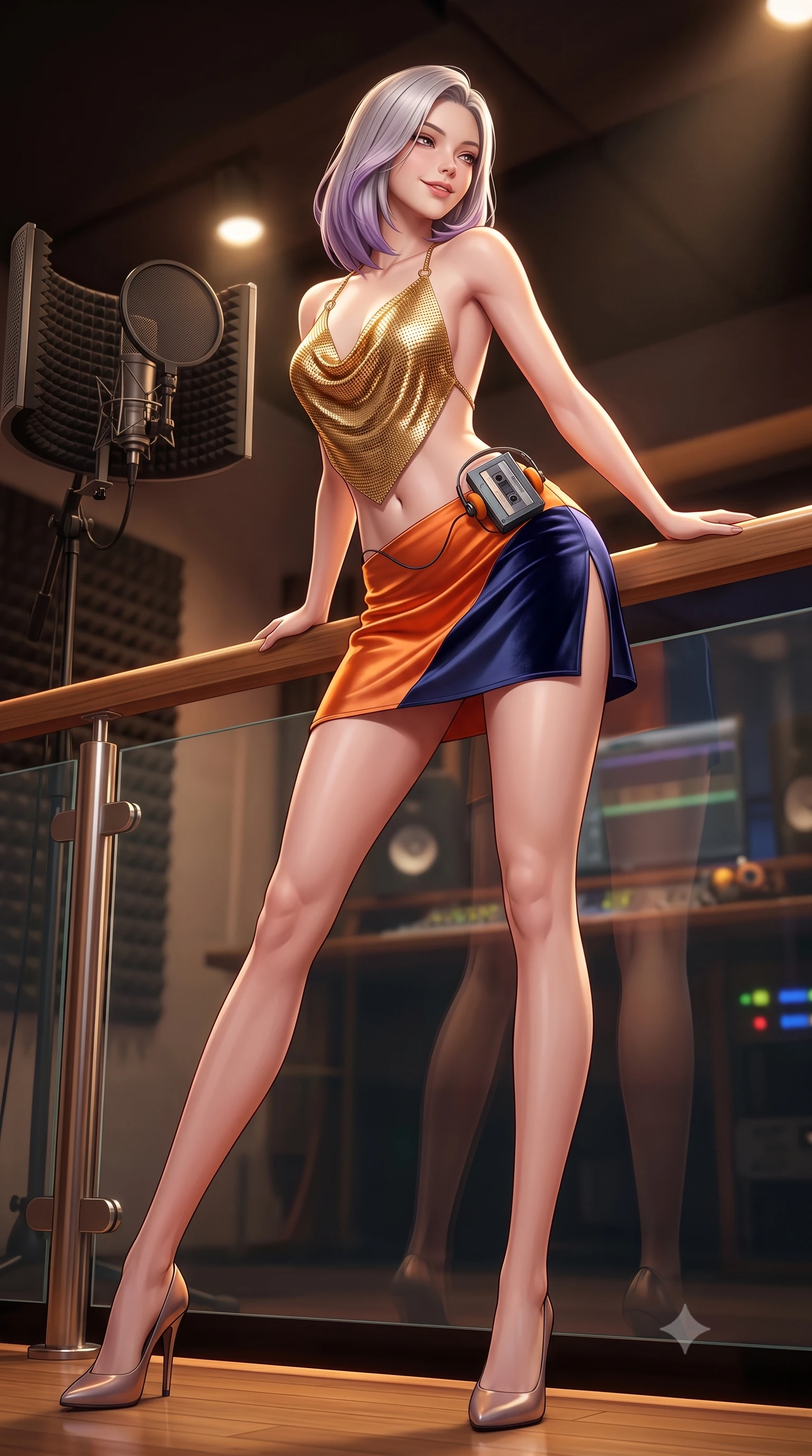 score_9, masterpiece, best quality, ultra-detailed, high-budget anime keyframe, semi-realistic 3D game render, editorial fashion photography, tasteful artistic composition, Caucasian woman. low angle full-body shot from head to toe showing her feet, filling the entire 9:16 vertical frame with her statuesque presence, stretching her vertical silhouette. leaning deep against the balcony balustrade with hips cocked back in an unapologetically alluring high-fashion stance, casting an intoxicating glance while twisting her slender torso in an alluring contrapposto stance, studio warm spot lamps tracing her form-fitting outfit and curvy hips. The background shows a soft-focus heavy studio microphone pop filters softened in intimate musical shallow focus. She has an absolutely perfect, statuesque 8.5-heads proportion, an exceptionally tall and slender model-like female figure with impossibly long slender legs, an ultra-slim waist, a flat toned midriff, narrow delicate ribcage, and beautifully sculpted feminine hips creating a graceful, slim hourglass silhouette without any bulky heaviness. sharp v-shaped jawline, high-bridge nose, sparkling eyes with hypnotic seductive depth, thick curled eyelashes, glossy parted lips with a natural dewy peach sheen, alluring bedroom-eyes with an enchanting coquettish smile, exuding magnetic siren charisma and sophisticated glamour, flawlessly proportioned anatomical accuracy, strict slender model proportions, natural body alignment, perfectly sculpted long slender limbs, ultra-slim waistline, clean dynamic posture without body distortion. wearing a liquid gold chainmail cowl halter top paired with an ultra-low-rise velvet mini skirt in sunset tangerine orange and deep navy indigo, crafted from fluid liquid silk satin that clings smoothly to every curve with a dewy sheen, complemented by a retro cassette walkman with vintage foam-padded orange headphones, the precision-cut side openings and low-back scoop framing her graceful spine and the sensual sweep of her slim, toned hips. bathed in warm 3000K overhead spotlighting and glowing console indicator lamps. highly saturated vibrant anime colors, detailed shading with soft gradients, rich glossy textures, high-contrast stereoscopic depth, volumetric dynamic lighting, master piece, 9:16 ratio