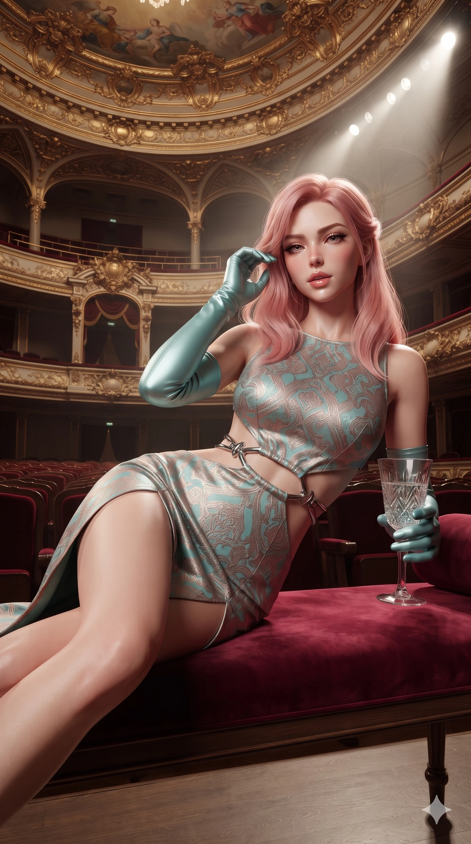 score_9, masterpiece, best quality, ultra-detailed, high-budget anime keyframe, semi-realistic 3D game render, editorial fashion photography, tasteful artistic composition, Japanese woman. close-up cowboy shot from the waist and thighs up, the character dominates the composition, filling the frame with her large presence. gently brushing a lock of hair behind her ear while casting a playful, flirtatious side-gaze with long eyelashes while lounging gracefully across the velvet opera bench propped on one elbow with legs extended, displaying her long slender limbs and statuesque hourglass silhouette. The surrounding environment is rendered in vivid detail and crisp panoramic clarity: detailed anime keyframe lines, rich fabric textures, and monumental royal opera architecture in razor-sharp precision. She has an exceptionally elegant, slender, and willowy female figure with an ultra-slim waist, flat toned midriff, narrow ribcage, and sculpted feminine hips creating an alluring, slim hourglass silhouette without bulk. sharp v-shaped jawline, high-bridge nose, intricate jewel-like eyes with depth, thick eyelashes, glossy parted lips with a natural sheen, intensely captivating and seductive bedroom-eyes expression, flawlessly proportioned anatomical accuracy, strict slender model proportions, natural body alignment, perfectly sculpted long slender limbs, ultra-slim waistline, clean dynamic posture without body distortion. wearing a provocative open-waist cutout mini dress framed by sculptural chrome hardware and thigh-high slit in Venetian aquamarine silk and rose gold, woven from structured carbon-fiber jacquard with rich textural depth, accessorized with opera-length satin gloves and a vintage crystal glass, the precision-cut side openings and low-back scoop framing her graceful spine and the sensual sweep of her slim, toned hips. illuminated by crisp directional theatrical spotlights sharply defining her sculpted collarbones, ultra-slim waist, and curvy hips. highly saturated vibrant anime colors, detailed shading with soft gradients, rich glossy textures, high-contrast stereoscopic depth, volumetric dynamic lighting, master piece, 9:16 ratio