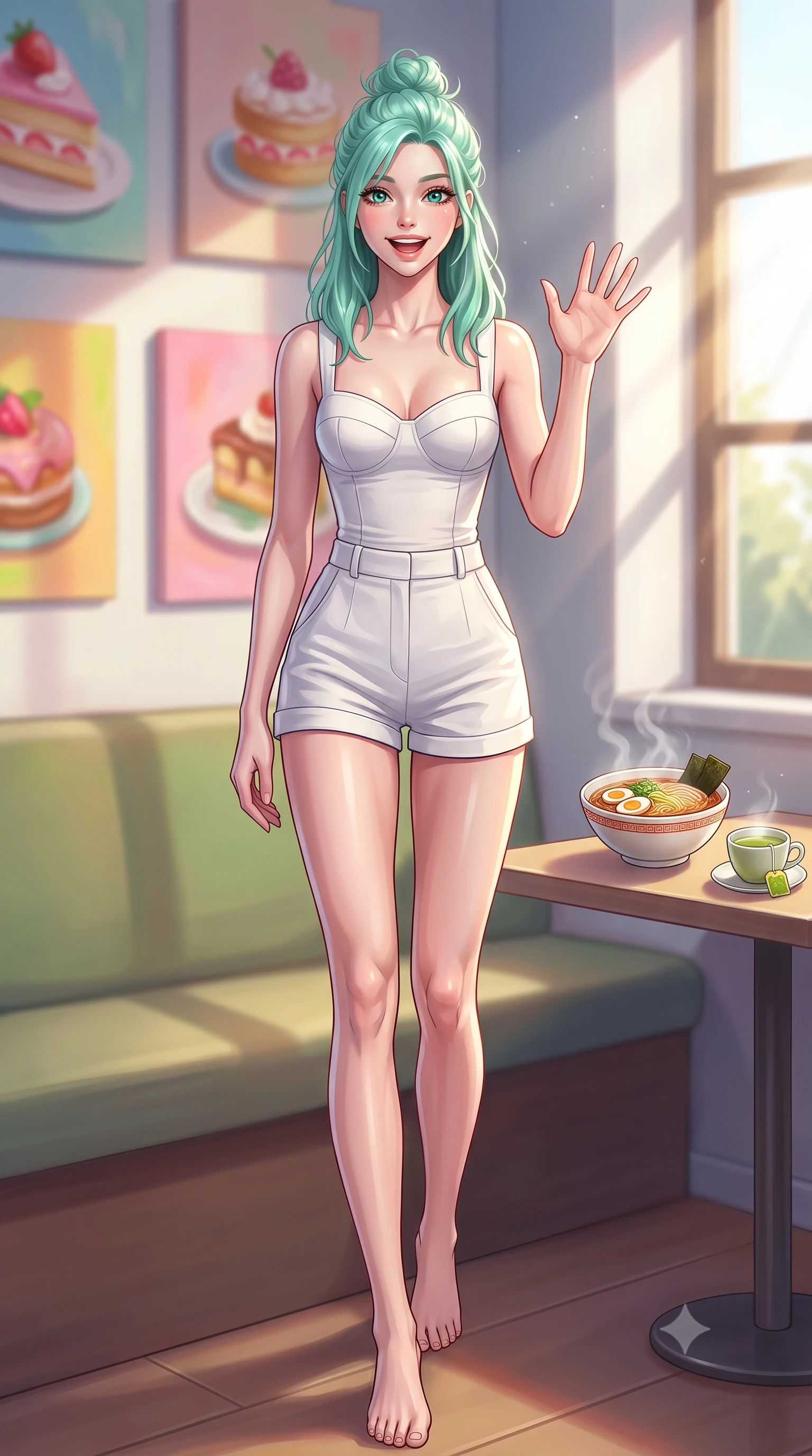 score_9, masterpiece, best quality, ultra-detailed, high-budget anime keyframe, editorial fashion photography, tasteful artistic composition, Japanese woman. low angle full-body shot from head to toe showing her feet, filling the entire 9:16 vertical frame with her statuesque presence, stretching her vertical silhouette. stepping forward with a bright, cheerful smile, waving happily at the viewer set against a soft-focus background of in a cozy dessert cafe corner decorated with colorful cake paintings with a steaming bowl of ramen and a small cup of hot green tea nearby. She has an absolutely perfect, statuesque 8.5-heads proportion, an exceptionally tall and slender model-like female figure with impossibly long slender legs and an ultra-slim waist. sharp v-shaped jawline, high-bridge nose, intricate jewel-like eyes with depth, thick eyelashes, glossy lips with a natural sheen. wearing slim-fit tailored cotton bustier top paired with high-waist tailored shorts. crisp morning sun rays creating a fresh and energetic breakfast atmosphere. highly saturated vibrant anime colors, detailed shading with soft gradients, rich glossy textures, high-contrast stereoscopic depth, volumetric dynamic lighting, master piece, 9:16 ratio