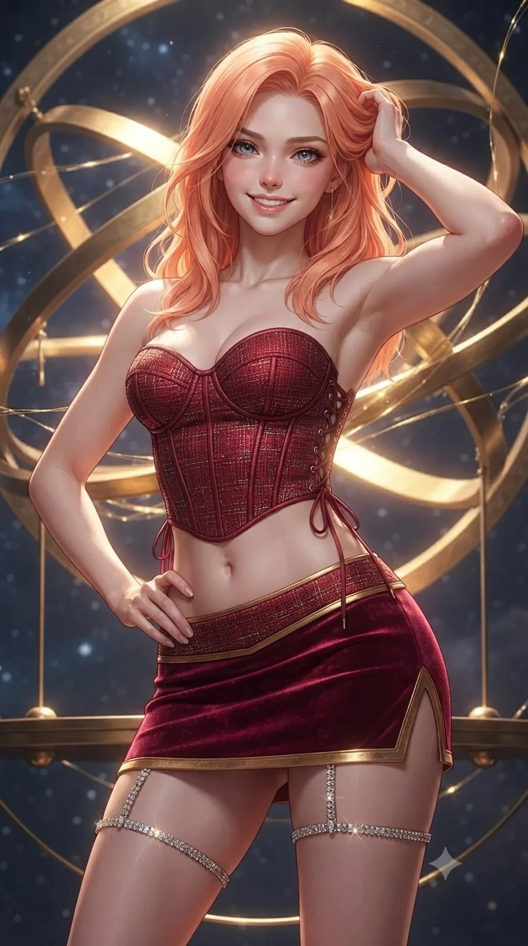 score_9, masterpiece, best quality, ultra-detailed, high-budget anime keyframe, editorial fashion photography, tasteful artistic composition, Japanese woman. close-up cowboy shot from the waist and thighs up, the character dominates the composition, filling the frame with her large presence. twisting her slender torso in an alluring contrapposto stance, one hand resting on her sculpted hip while her fingers toy with her hair with effortless poise while standing poised on the suspended brass gantry beneath giant interlocking armillary rings, arching her lower back as fine threads of liquid gold weave through the air. The background shows a soft-focus cosmic particulate glow softened in celestial astrolabe observatory shallow focus. She has an exceptionally elegant, slender, and willowy female figure with an ultra-slim waist, flat toned midriff, narrow ribcage, and sculpted feminine hips creating an alluring, slim hourglass silhouette without bulk. sharp v-shaped jawline, high-bridge nose, intricate jewel-like sparkling eyes with depth, thick eyelashes, glossy parted lips with a natural peach sheen, bright cheerful beaming smile with an enchanting and coquettish sensual glint, exuding both youthful cute charm and seductive allure, flawlessly proportioned anatomical accuracy, strict slender model proportions, natural body alignment, perfectly sculpted long slender limbs, ultra-slim waistline, clean dynamic posture without body distortion. wearing a sculpted satin underwire crop corset with lace-up side ties paired with a low-rise micro skirt in royal opera crimson velvet and burnished gold, tailored from high-density tech-wool with subtle metallic thread weave, finished with delicate crystal-encrusted thigh garter straps glinting in the dim light, the impeccably tailored cut draping gracefully along her slender figure with aristocratic poise. bathed in cold diamond starlight contrasted with the radiant warm gold of glowing armillary threads. ultra-reflective glossy finish, specular highlights, rich textural contrasts, high-contrast stereoscopic depth, volumetric dynamic lighting, 2k, ultra detail, master piece, 9:16 ratio