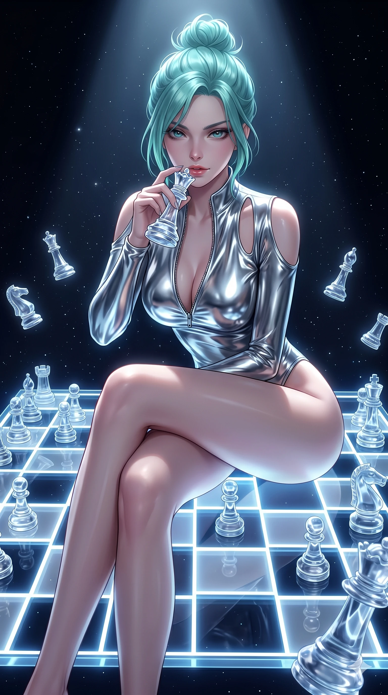 score_9, masterpiece, best quality, ultra-detailed, high-budget anime keyframe, semi-realistic 3D game render, Japanese woman. Upper body close-up from the thighs up, character filling the screen for maximum presence. She is leaning over a giant glowing glass chess board floating in space. She holds a crystal queen piece near her lips, looking at the camera with a teasing, competitive smolder. She has an absolutely perfect 8-heads proportion, an exceptionally tall and slender female figure with impossibly long slender legs and an ultra-slim waist. V-shaped jawline, high-bridge nose, intricate jewel-like eyes with depth, thick eyelashes, glossy lips with a natural sheen. She is wearing a form-fitting top made of molten liquid-mercury fabric that clings to her curves, with strategic tear-drop shoulder cutouts and a dangerously unzipped front collar. The scene is illuminated by the board's white and blue grids and a sharp overhead spotlight. 2k, ultra detail, master piece, 9:16 ratio