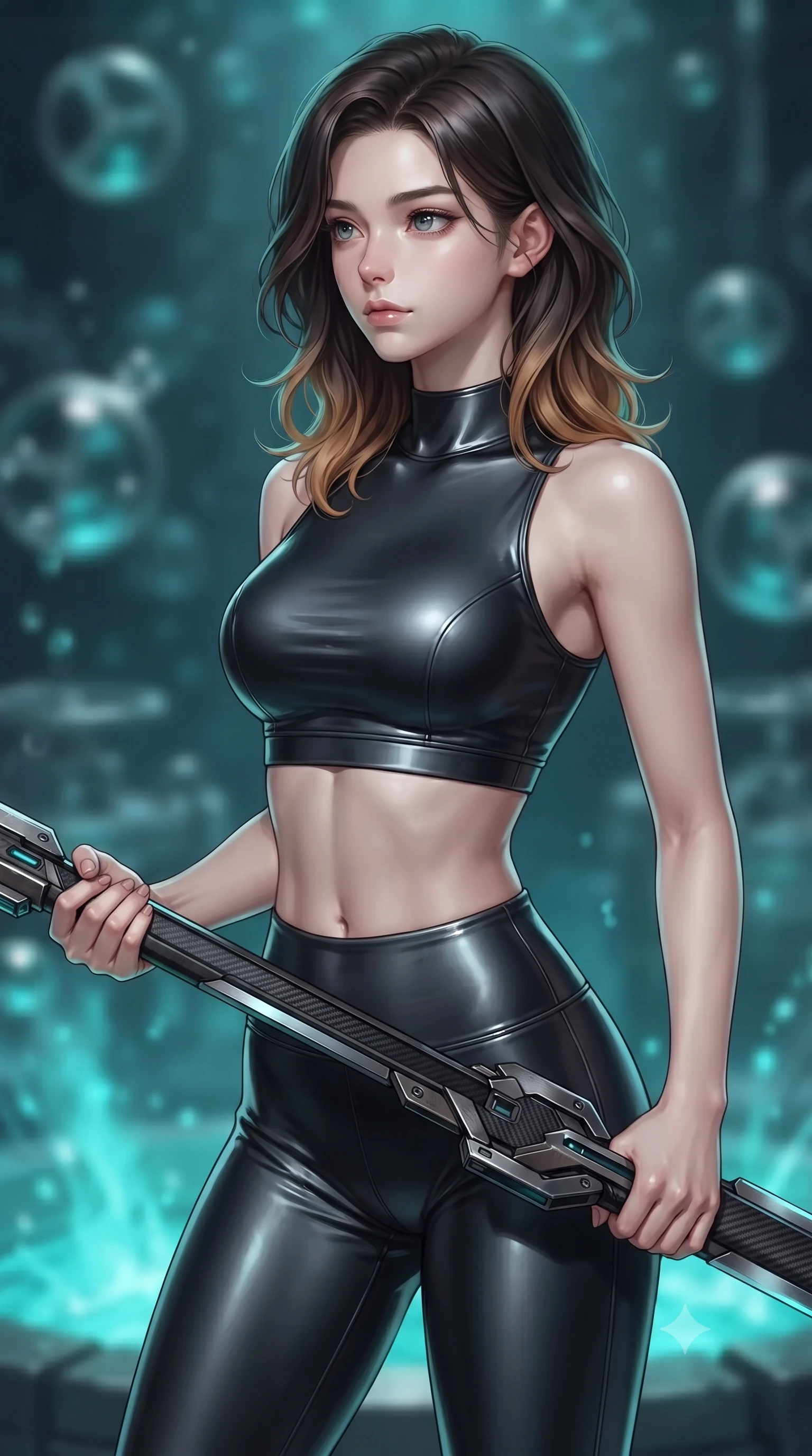 score_9, masterpiece, best quality, ultra-detailed, high-budget anime keyframe, editorial fashion photography, tasteful artistic composition, Korean woman. close-up cowboy shot from the waist and thighs up, the character dominates the composition, filling the frame with her large presence, background elements kept in soft focus. holding a deactivated nanotech glaive, looking past the camera with quiet, sharp focus and a composed expression, the background shows a soft-focus an undersea mercury well with bubbling chrome and glowing valve gates. She has an exceptionally elegant, slender, and willowy female figure with an ultra-slim waist, a gracefully sculpted slender torso, and a refined silhouette. sharp v-shaped jawline, high-bridge nose, intricate jewel-like eyes with depth, thick eyelashes, glossy lips with a natural sheen. wearing a form-contouring form-fitting athletic crop top and matching high-waisted compression leggings in sleek carbon-black tech fabric. pulsing turquoise light from underwater geothermal vents casting dynamic shadows. ultra-reflective glossy finish, specular highlights, metallic sheen, high-contrast stereoscopic depth, volumetric dynamic lighting, 2k, ultra detail, master piece, 9:16 ratio