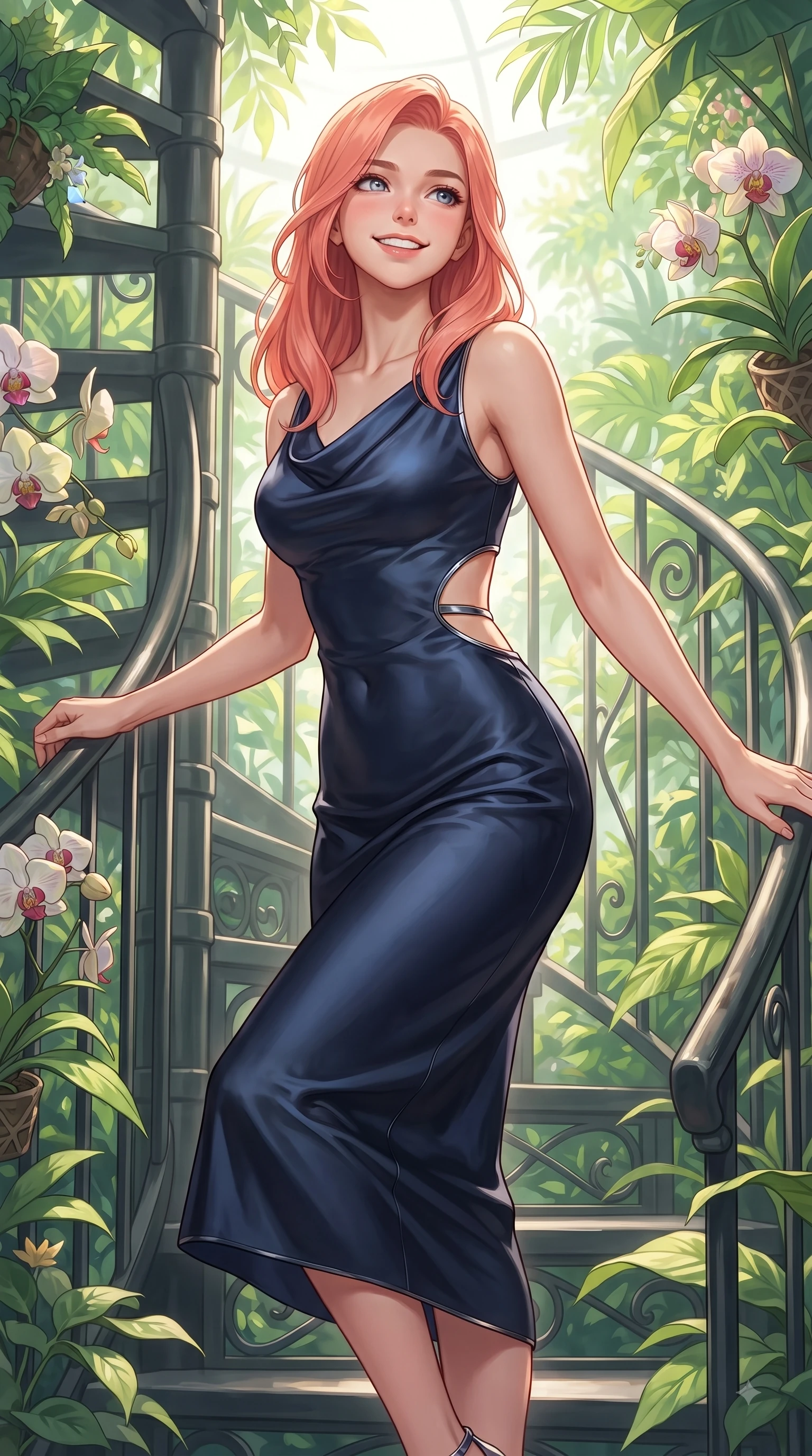 score_9, masterpiece, best quality, ultra-detailed, high-budget anime keyframe, editorial fashion photography, tasteful artistic composition, Japanese woman. close-up cowboy shot from the waist and thighs up, the character dominates the composition, filling the frame with her large presence, background elements kept in soft focus. Tilting her chin up with a sweet beaming smile of pure delight while balancing dynamically amidst the scene while ascending a spiral iron staircase enveloped by sunlit tropical foliage and exotic orchids, rich emerald, jade, and lime green plant textures framing her youthful posture. She has an exceptionally elegant, slender, and willowy female figure with an ultra-slim waist, a gracefully sculpted slender torso, and a refined silhouette. sharp v-shaped jawline, high-bridge nose, intricate jewel-like eyes with depth, thick eyelashes, glossy lips with a natural sheen, flawlessly proportioned anatomical accuracy, natural body alignment, perfectly sculpted elegant limbs, clean dynamic posture without body distortion. wearing an elegant cowl-neck satin midi dress with a graceful draped neckline in midnight navy blue and chrome trim, made of fine carbon-fiber weave and soft matte leather, featuring subtle geometric cutouts that highlight her ultra-slim midriff, the form-contouring material highlighting her ultra-slim waist and long lines. surrounded by a bright, airy, and refreshing tropical garden atmosphere. ultra-reflective glossy finish, specular highlights, metallic sheen, high-contrast stereoscopic depth, volumetric dynamic lighting, 2k, ultra detail, master piece, 9:16 ratio